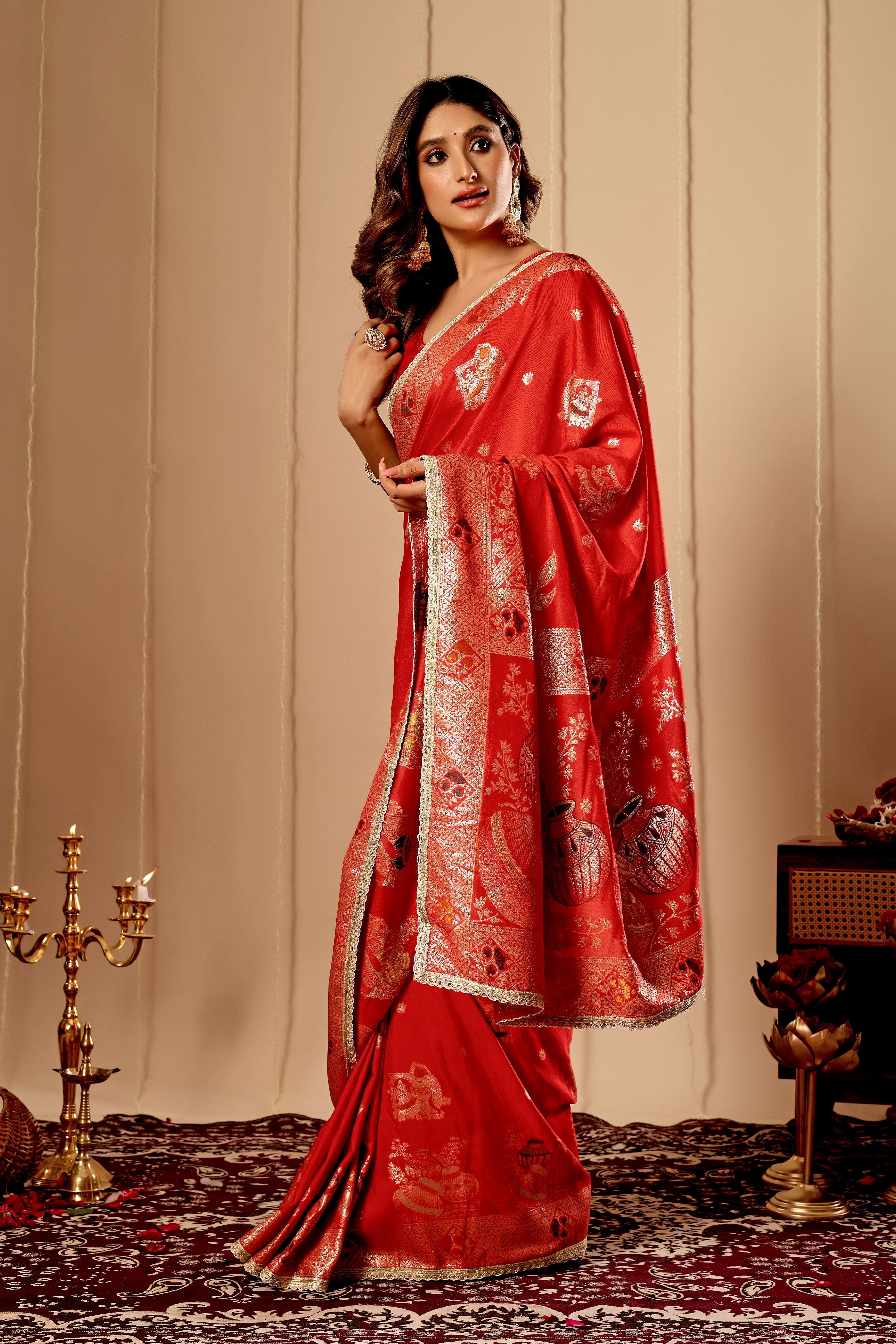 Sindoor Red Satin Heritage Silk by Icultuer with Traditional Zari Motifs