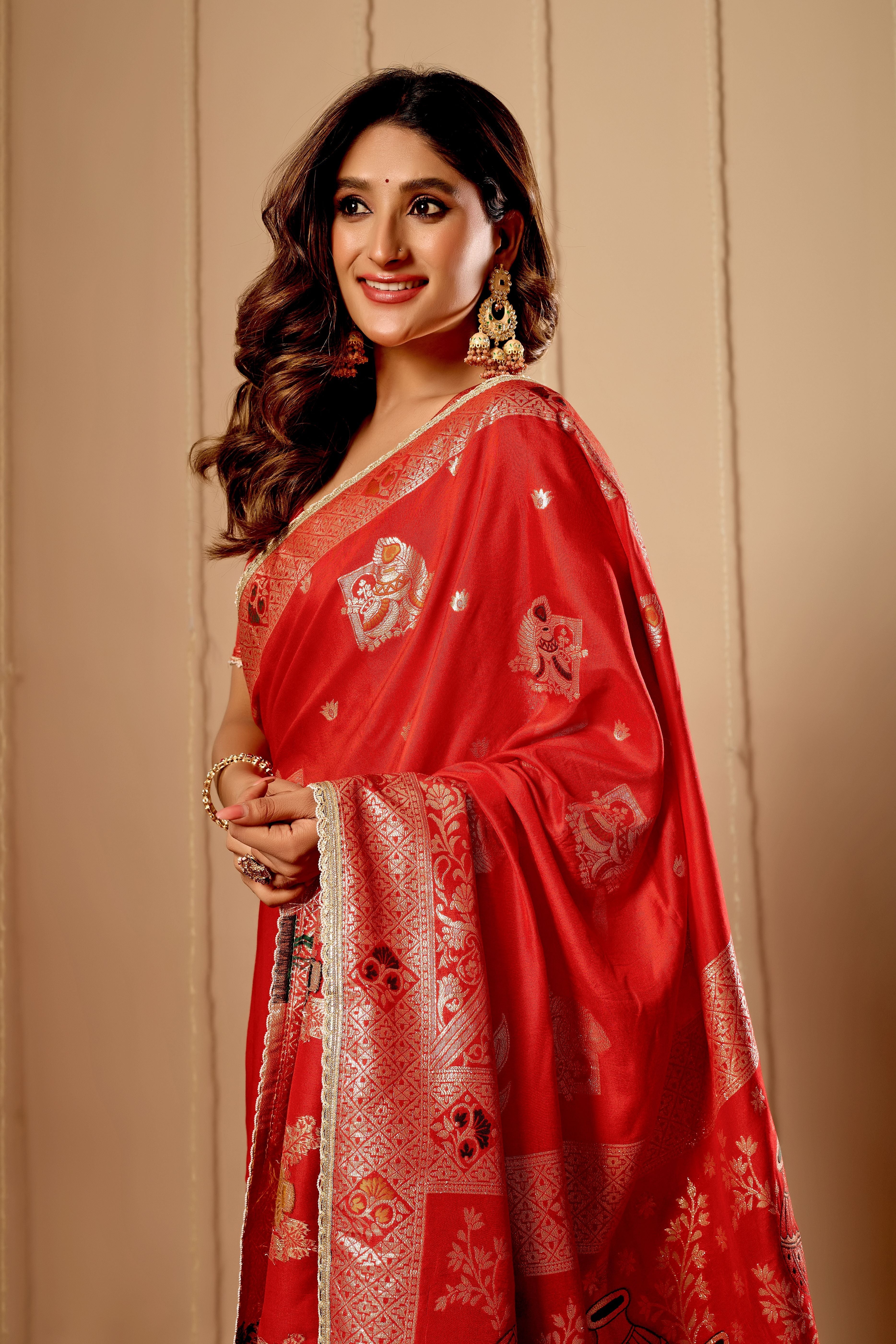 Sindoor Red Satin Heritage Silk by Icultuer with Traditional Zari Motifs