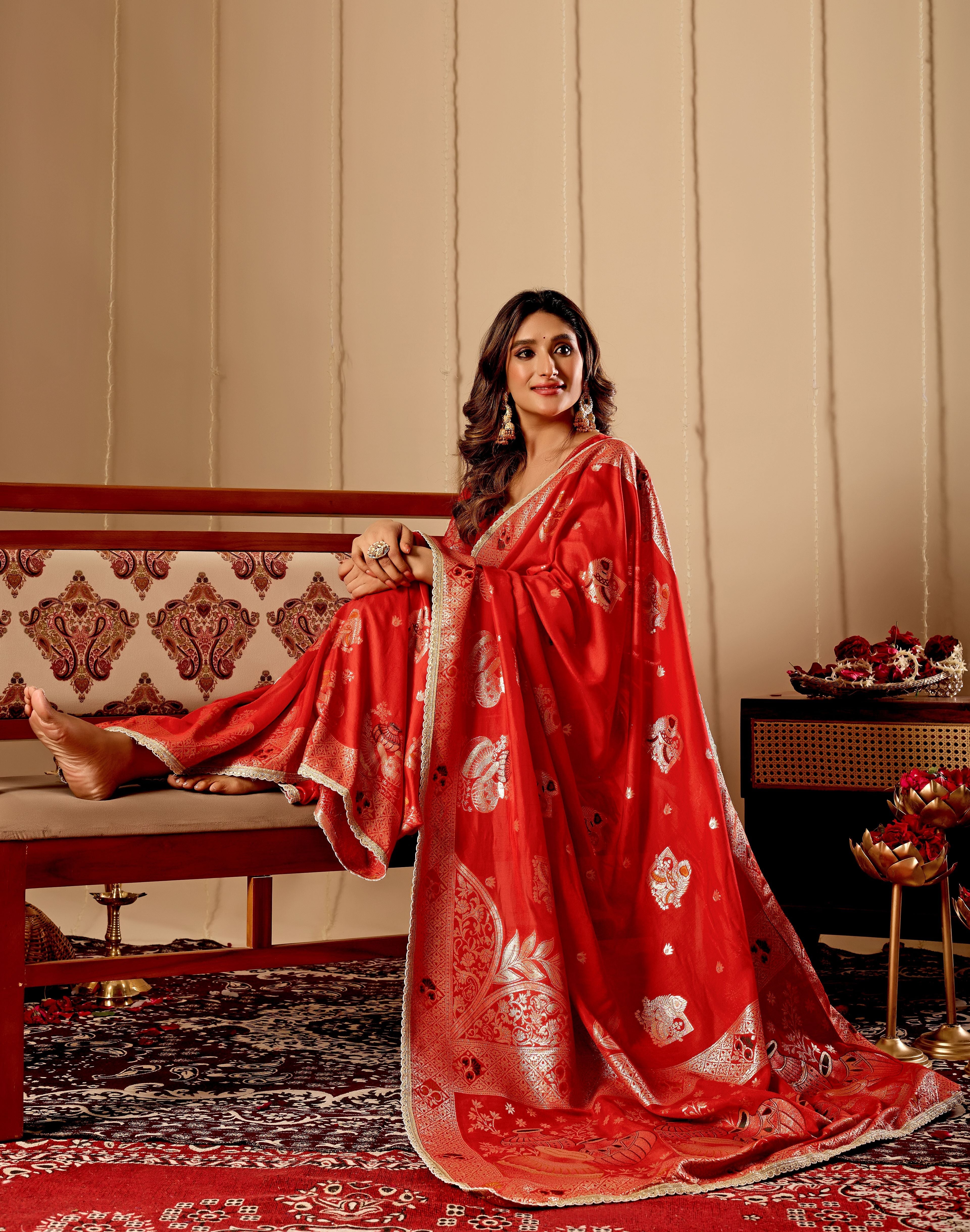 Sindoor Red Satin Heritage Silk by Icultuer with Traditional Zari Motifs