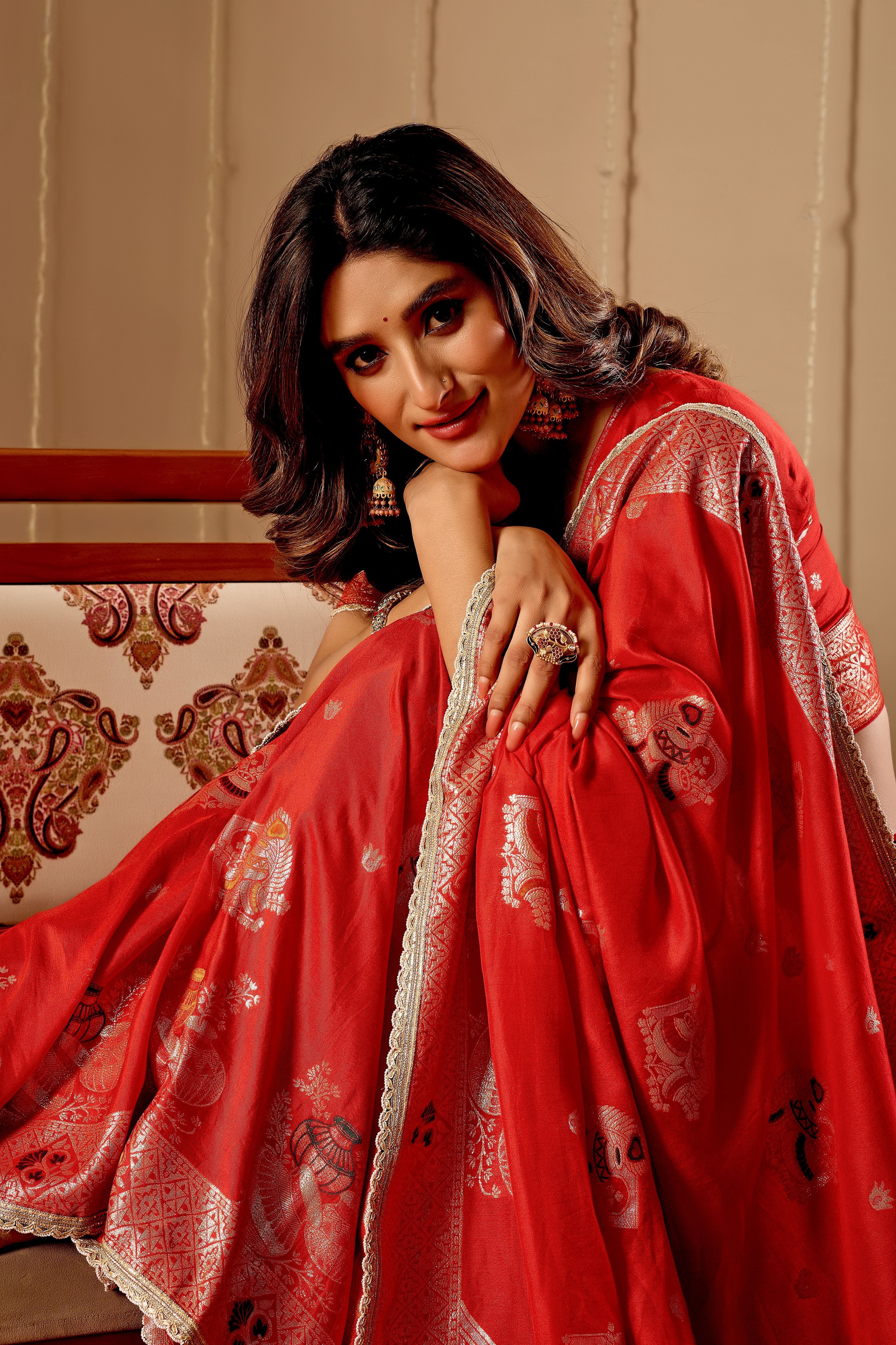 Sindoor Red Satin Heritage Silk by Icultuer with Traditional Zari Motifs