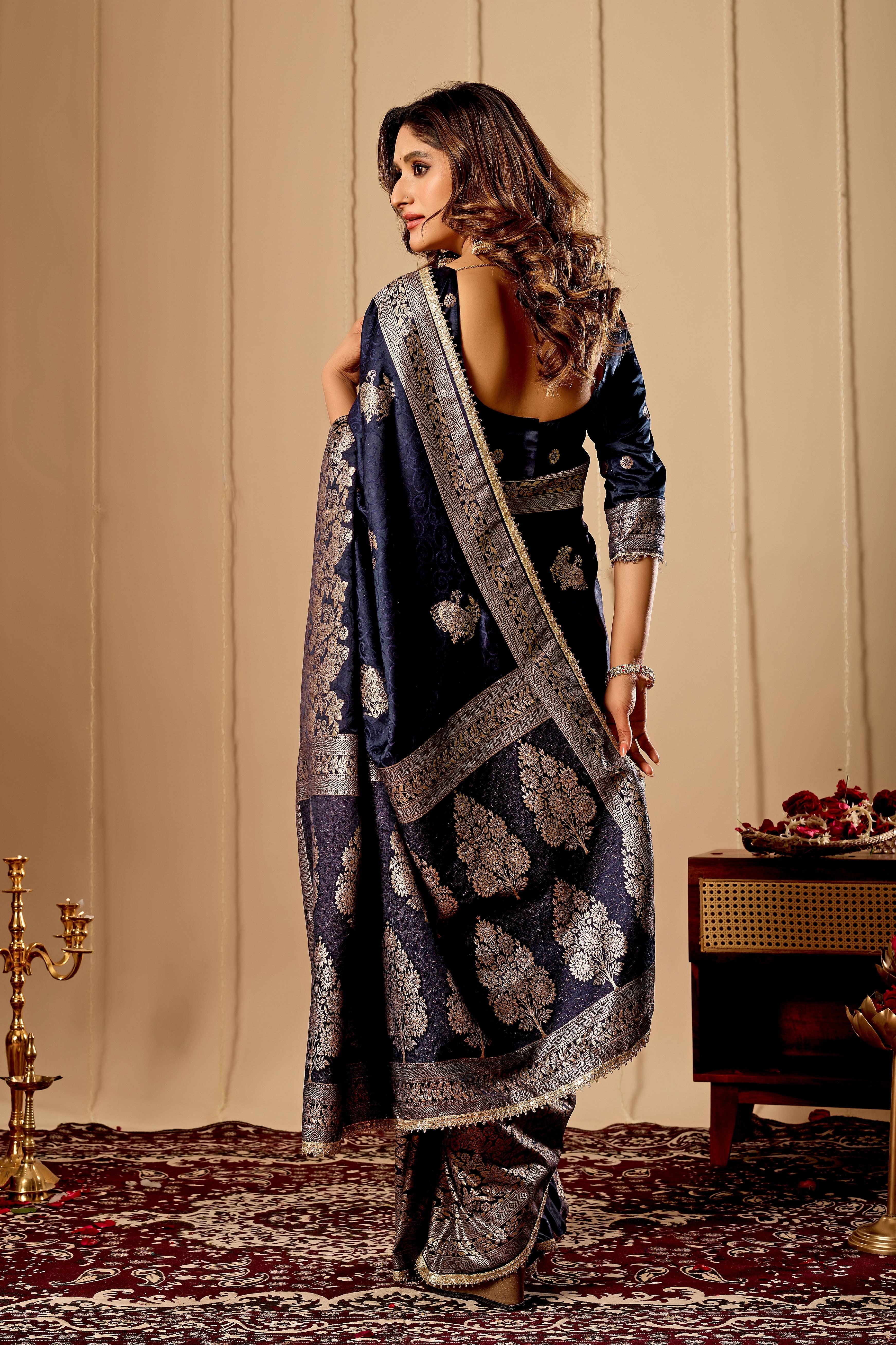 Midnight Navy Blue Satin Silk by Icultuer with Antique Silver Zari Work