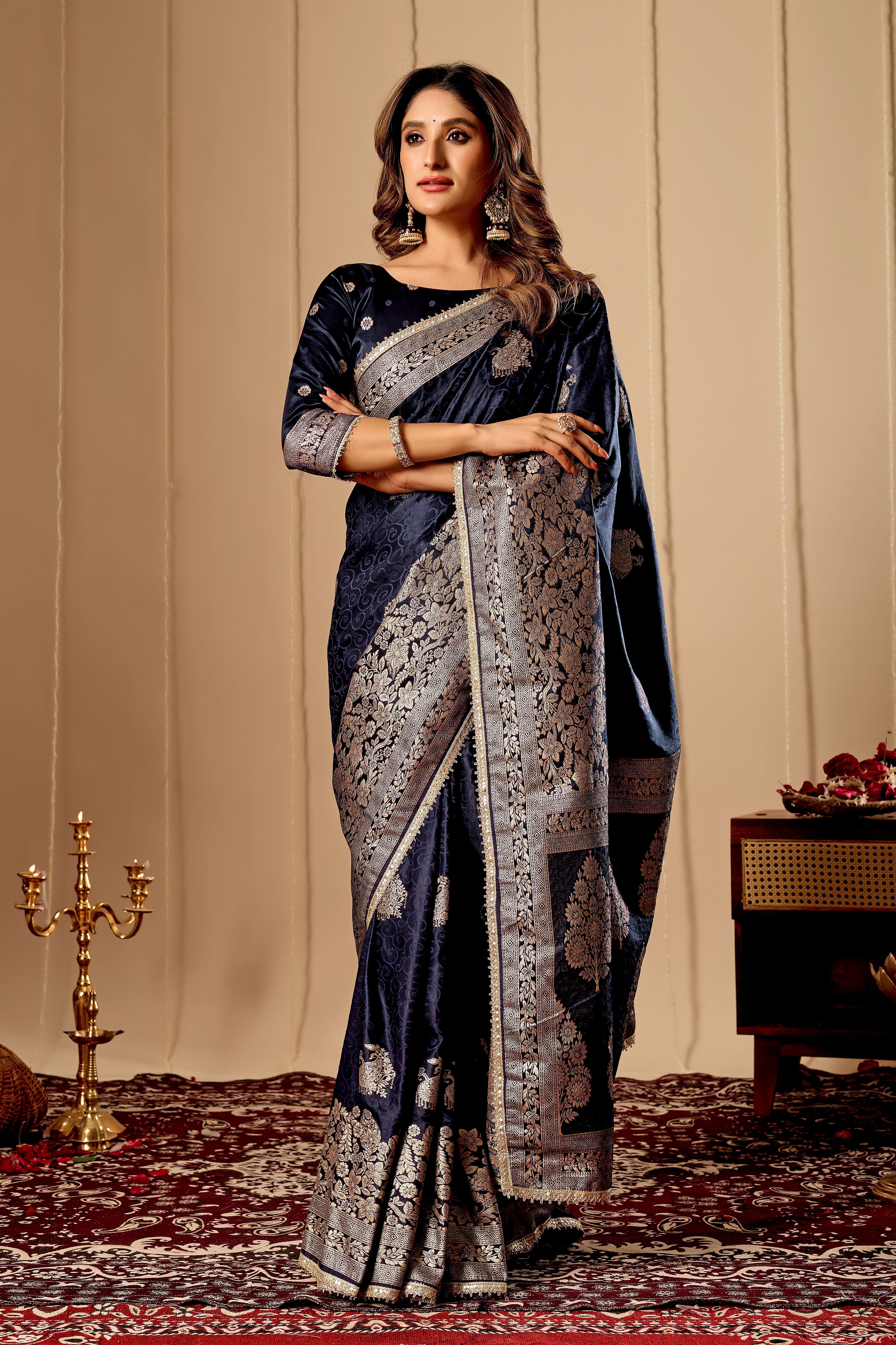 Midnight Navy Blue Satin Silk by Icultuer with Antique Silver Zari Work