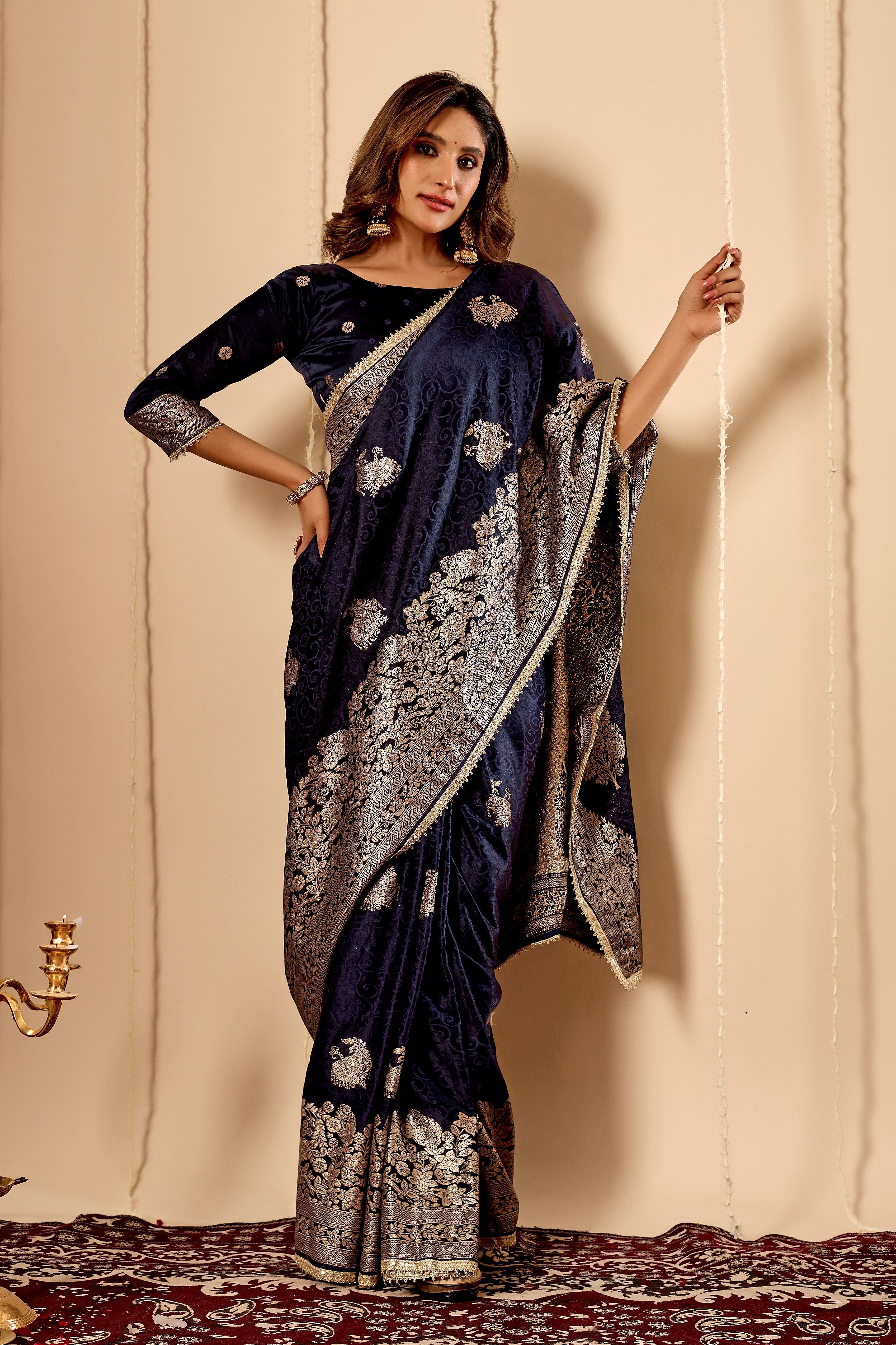 Midnight Navy Blue Satin Silk by Icultuer with Antique Silver Zari Work