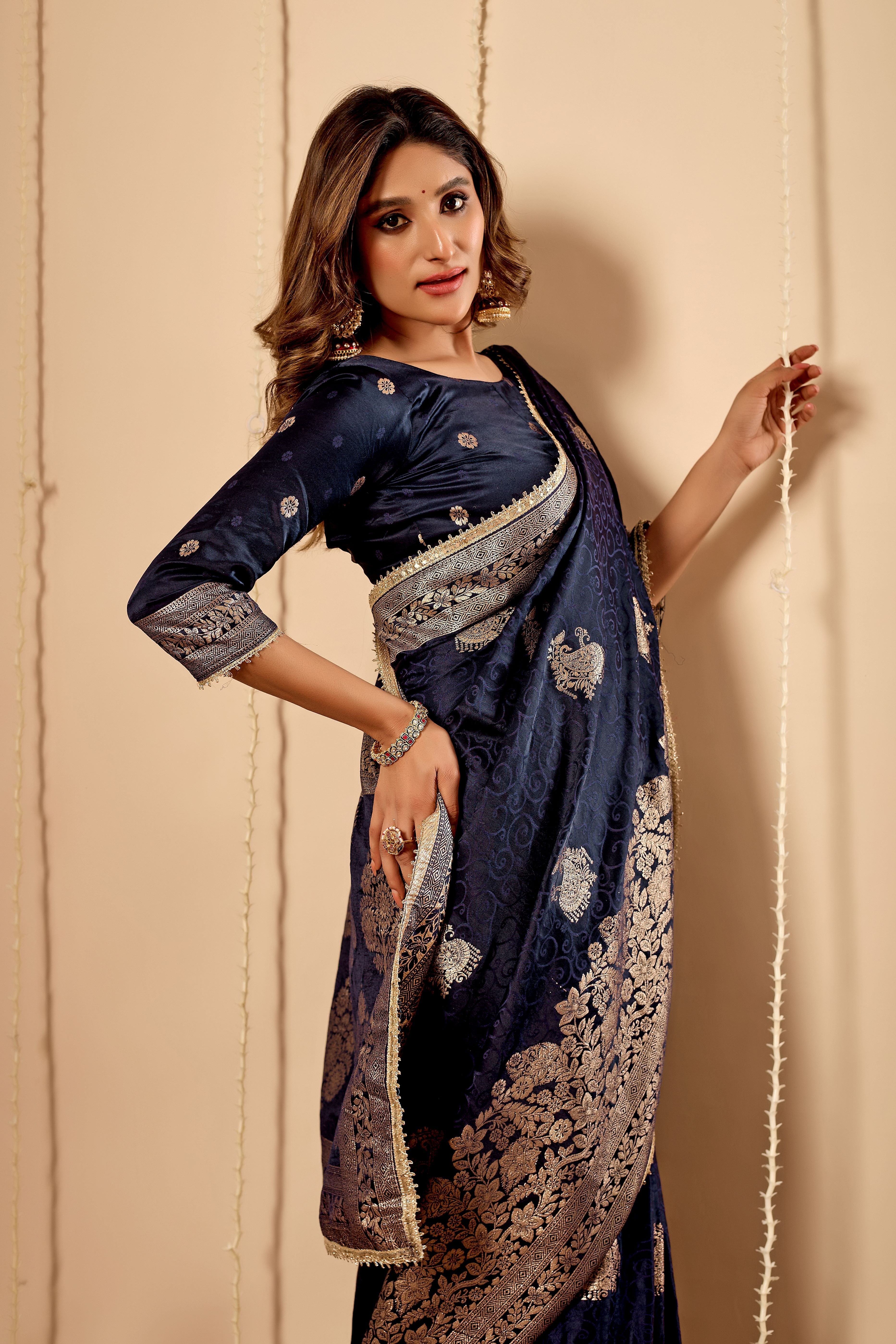 Midnight Navy Blue Satin Silk by Icultuer with Antique Silver Zari Work