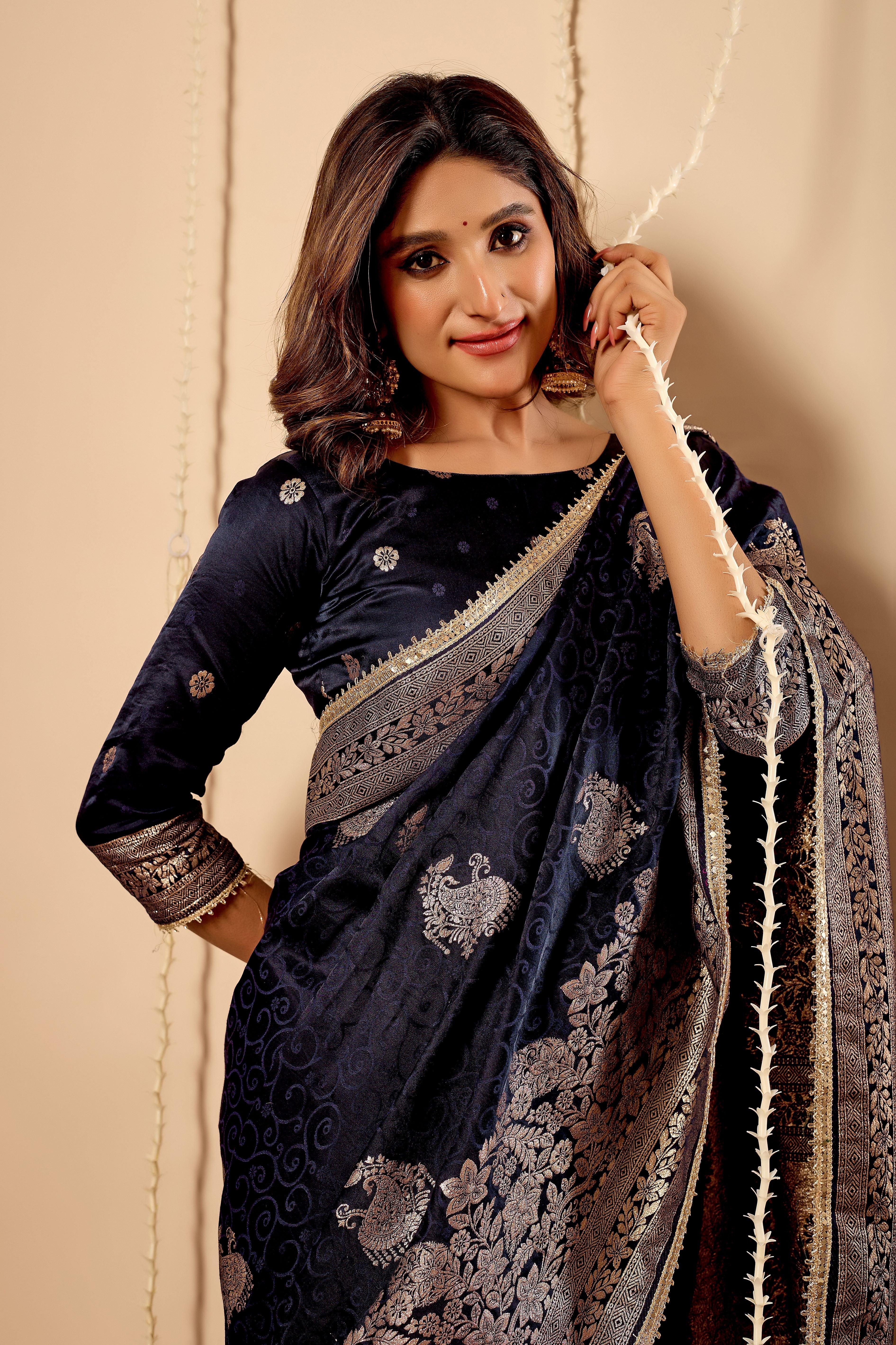 Midnight Navy Blue Satin Silk by Icultuer with Antique Silver Zari Work