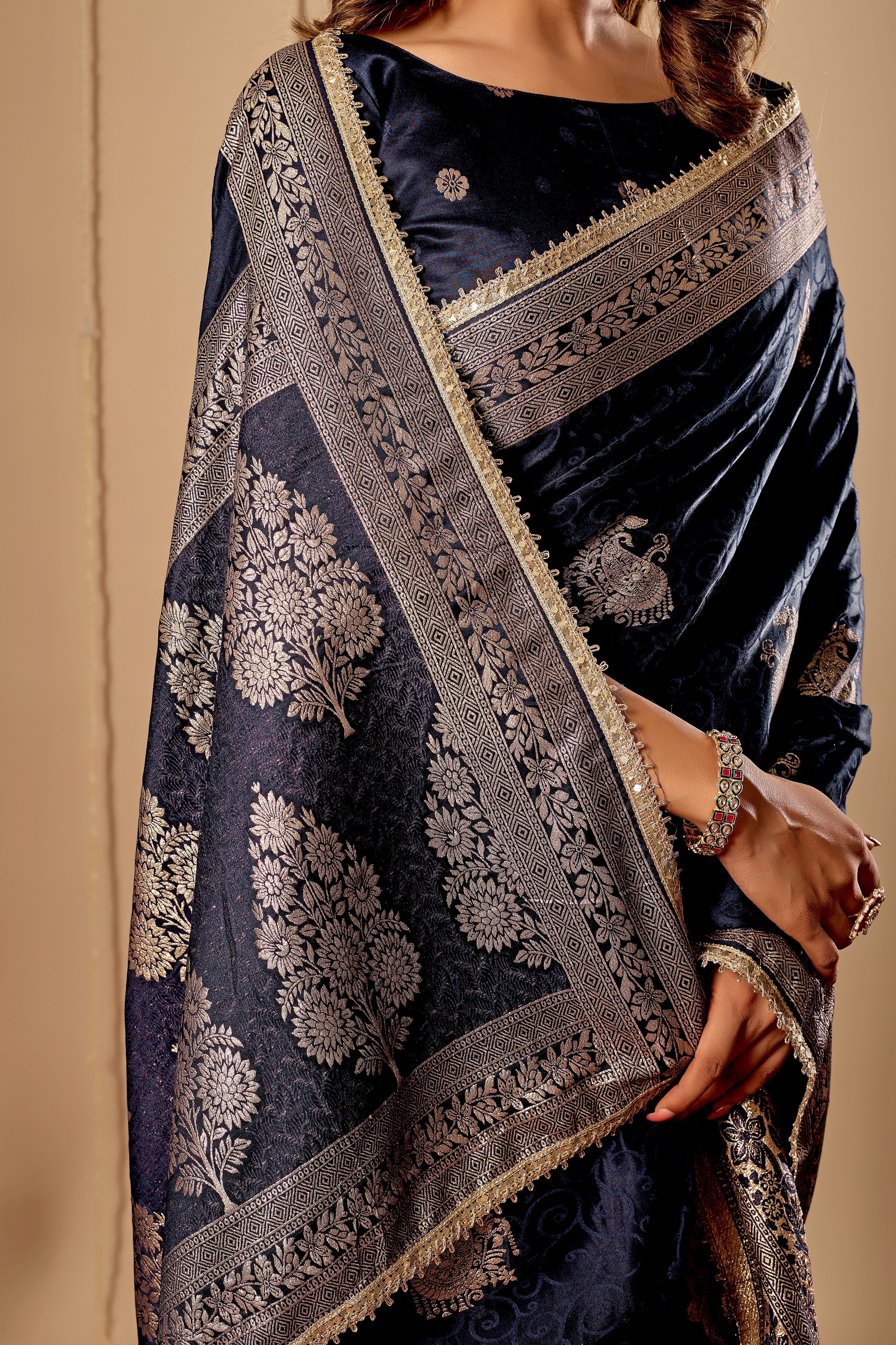 Midnight Navy Blue Satin Silk by Icultuer with Antique Silver Zari Work