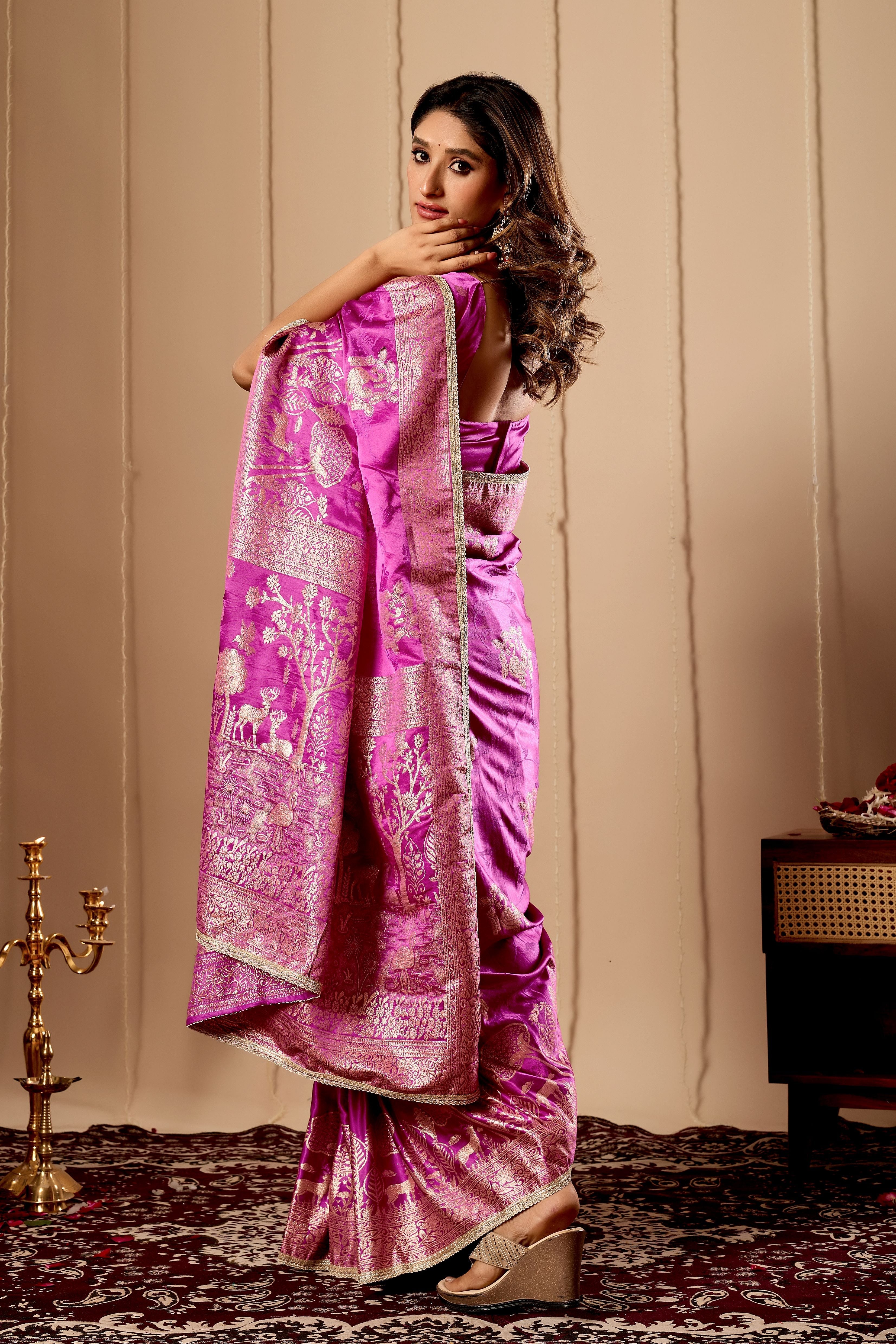 Royal Orchid Pink Satin Silk by Icultuer with Traditional Gold Zari Weaving