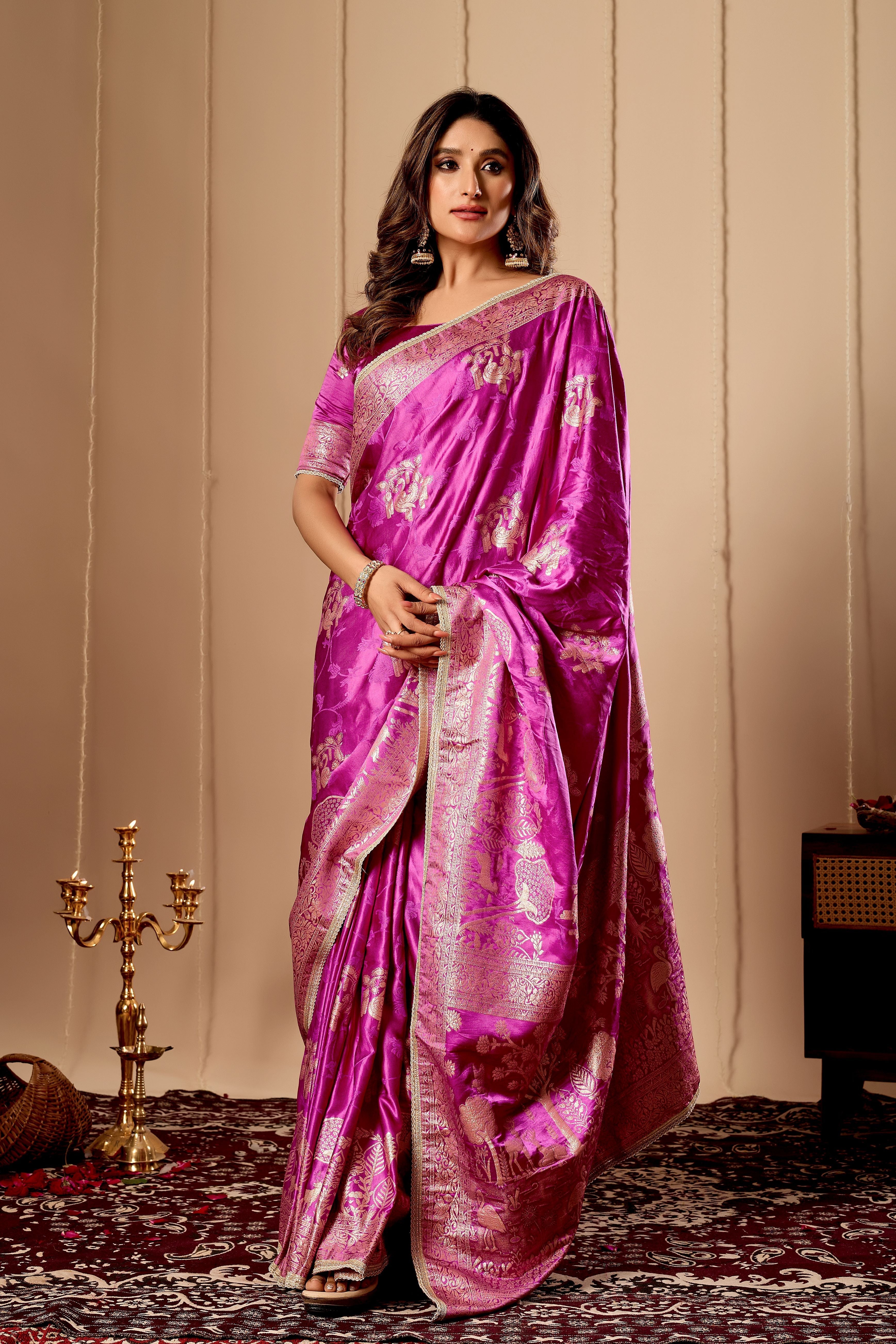 Royal Orchid Pink Satin Silk by Icultuer with Traditional Gold Zari Weaving