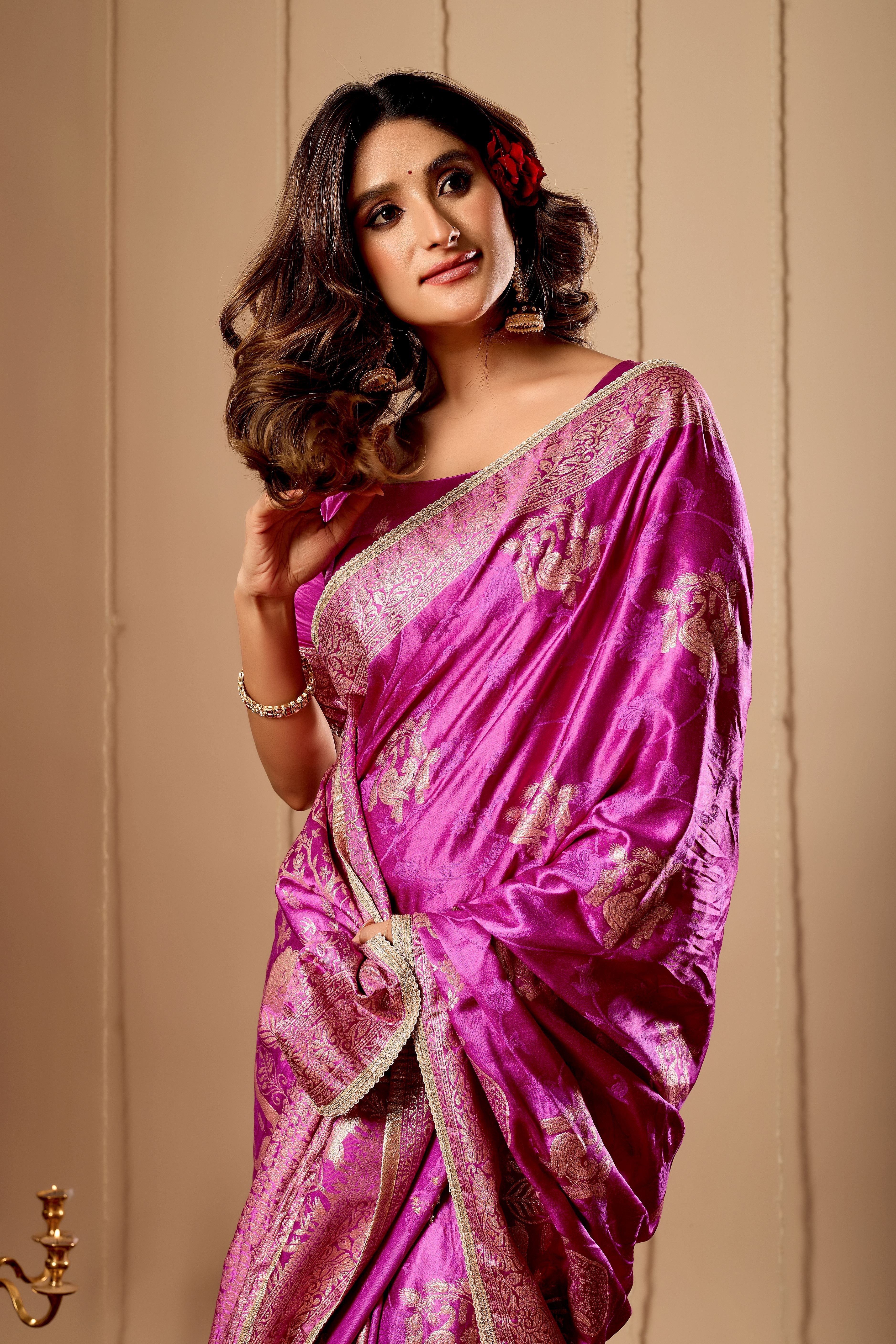 Royal Orchid Pink Satin Silk by Icultuer with Traditional Gold Zari Weaving