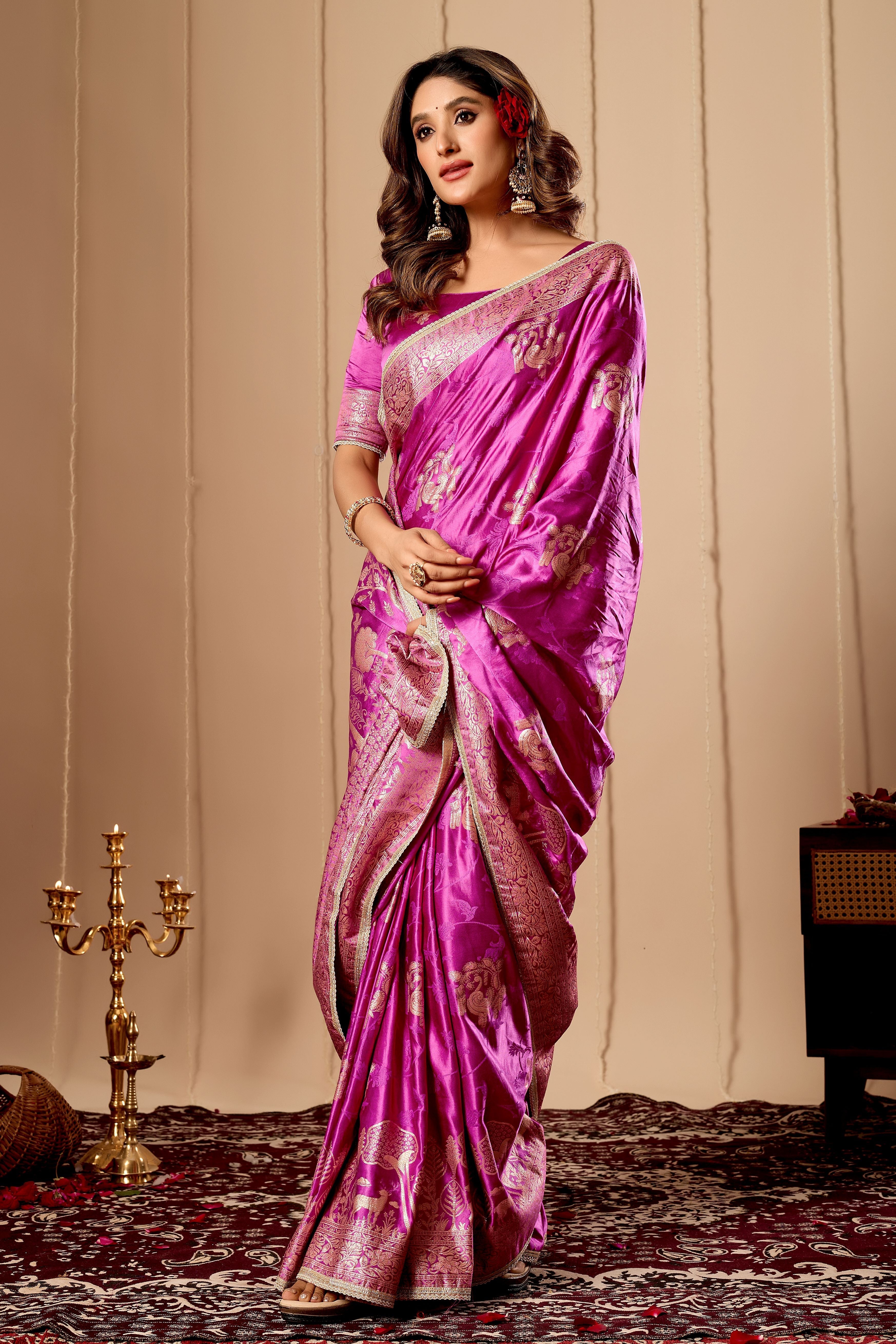 Royal Orchid Pink Satin Silk by Icultuer with Traditional Gold Zari Weaving