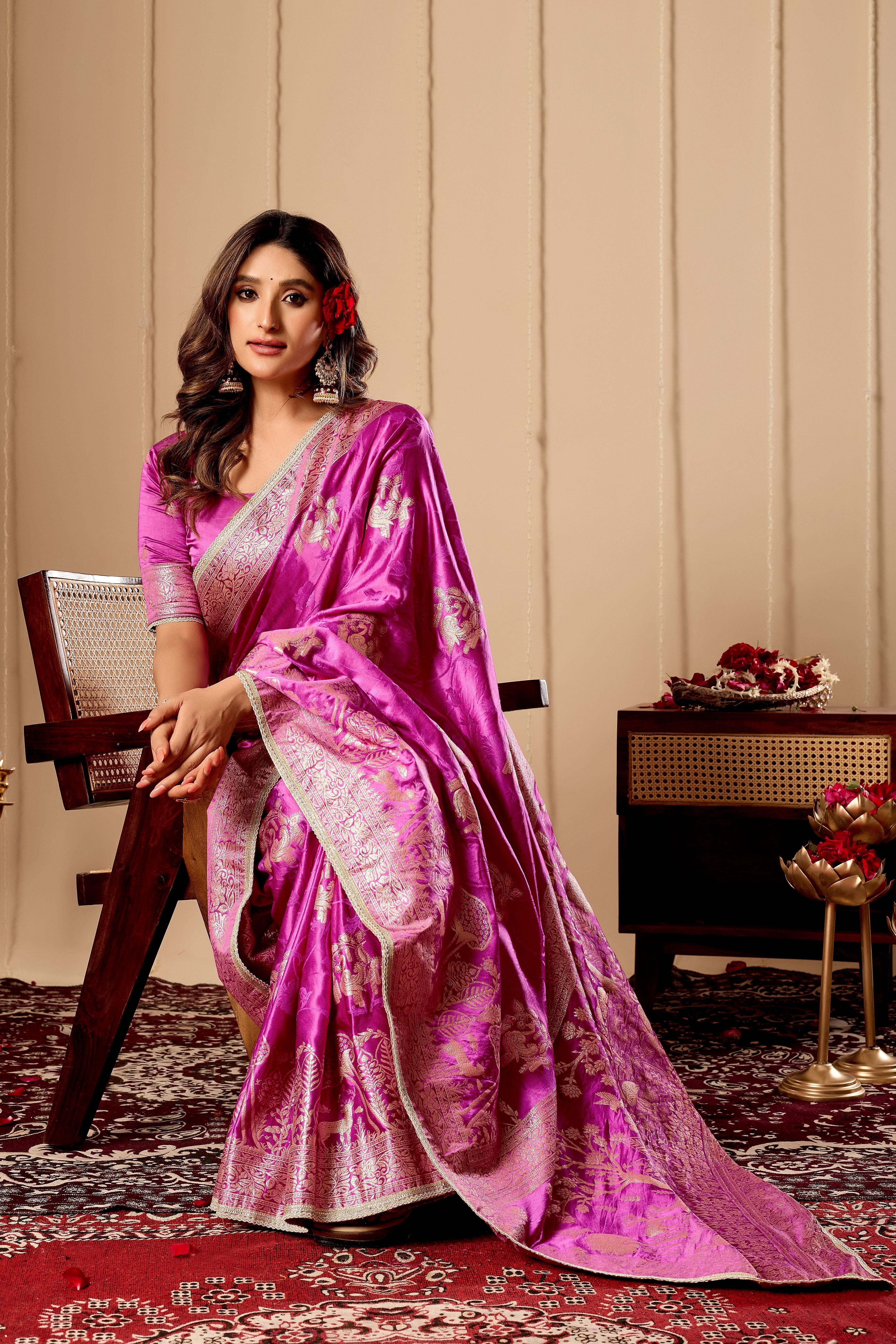 Royal Orchid Pink Satin Silk by Icultuer with Traditional Gold Zari Weaving