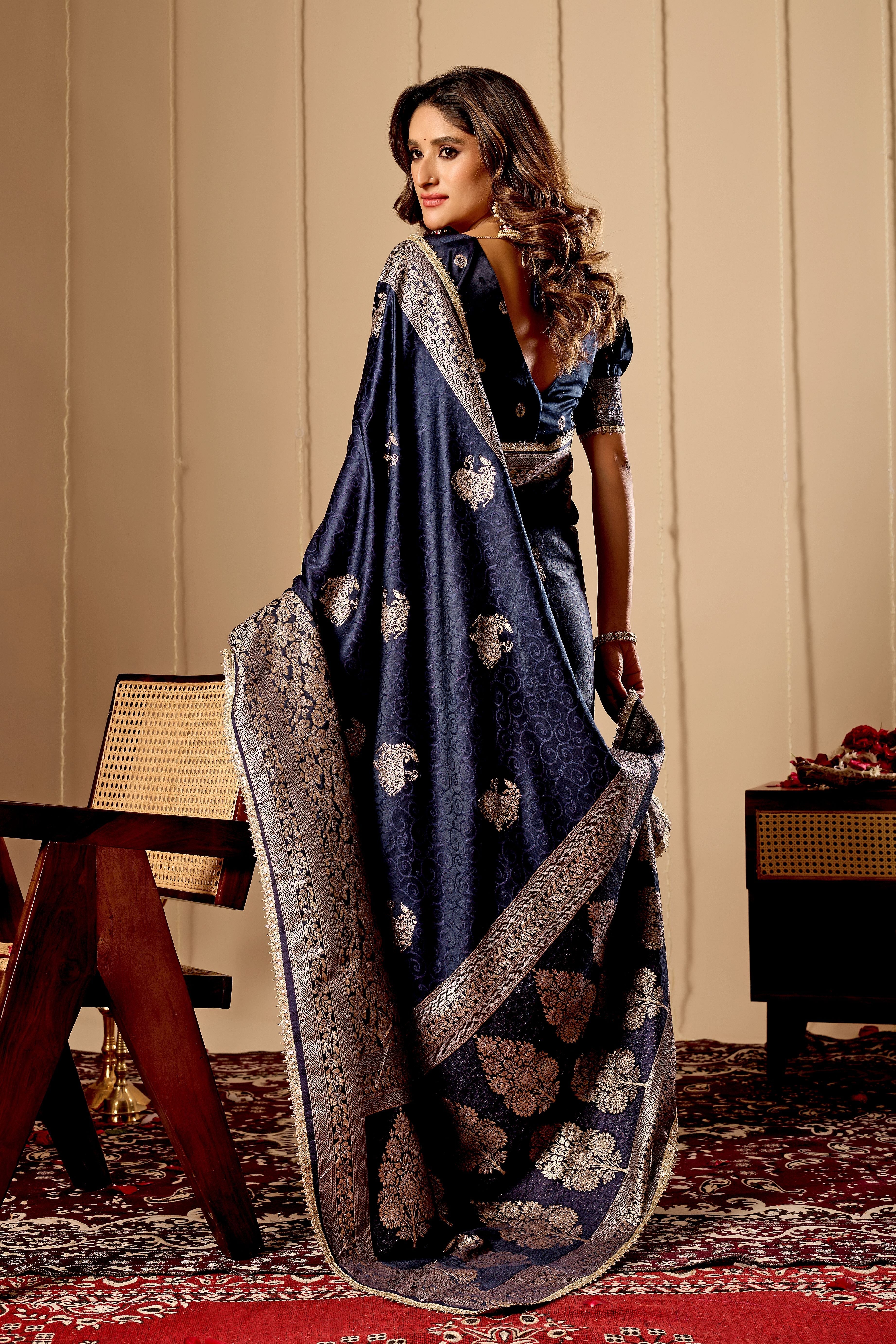 Royal Midnight Blue Satin Silk by Icultuer with Antique Silver Zari Motifs