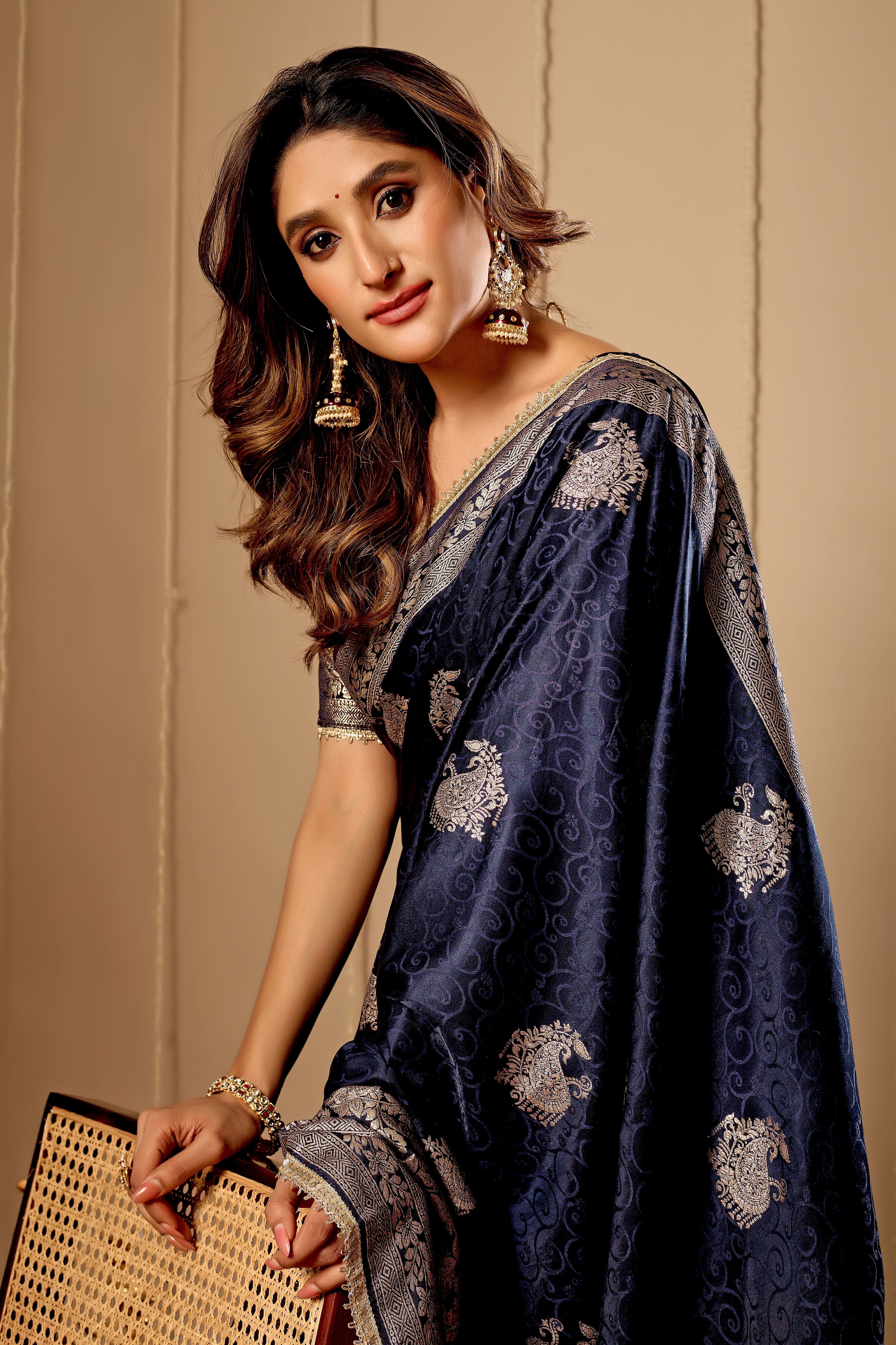 Royal Midnight Blue Satin Silk by Icultuer with Antique Silver Zari Motifs