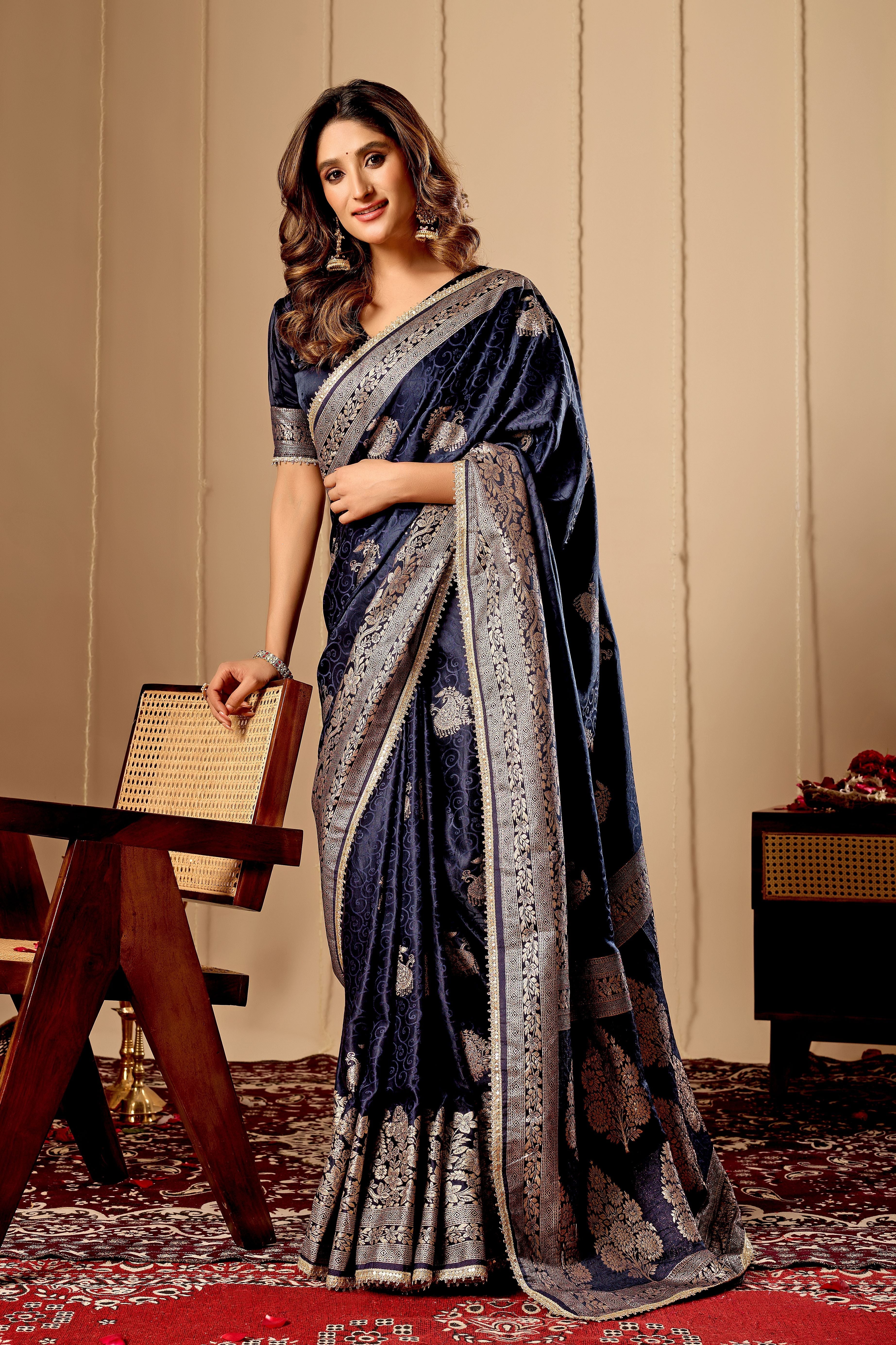 Royal Midnight Blue Satin Silk by Icultuer with Antique Silver Zari Motifs