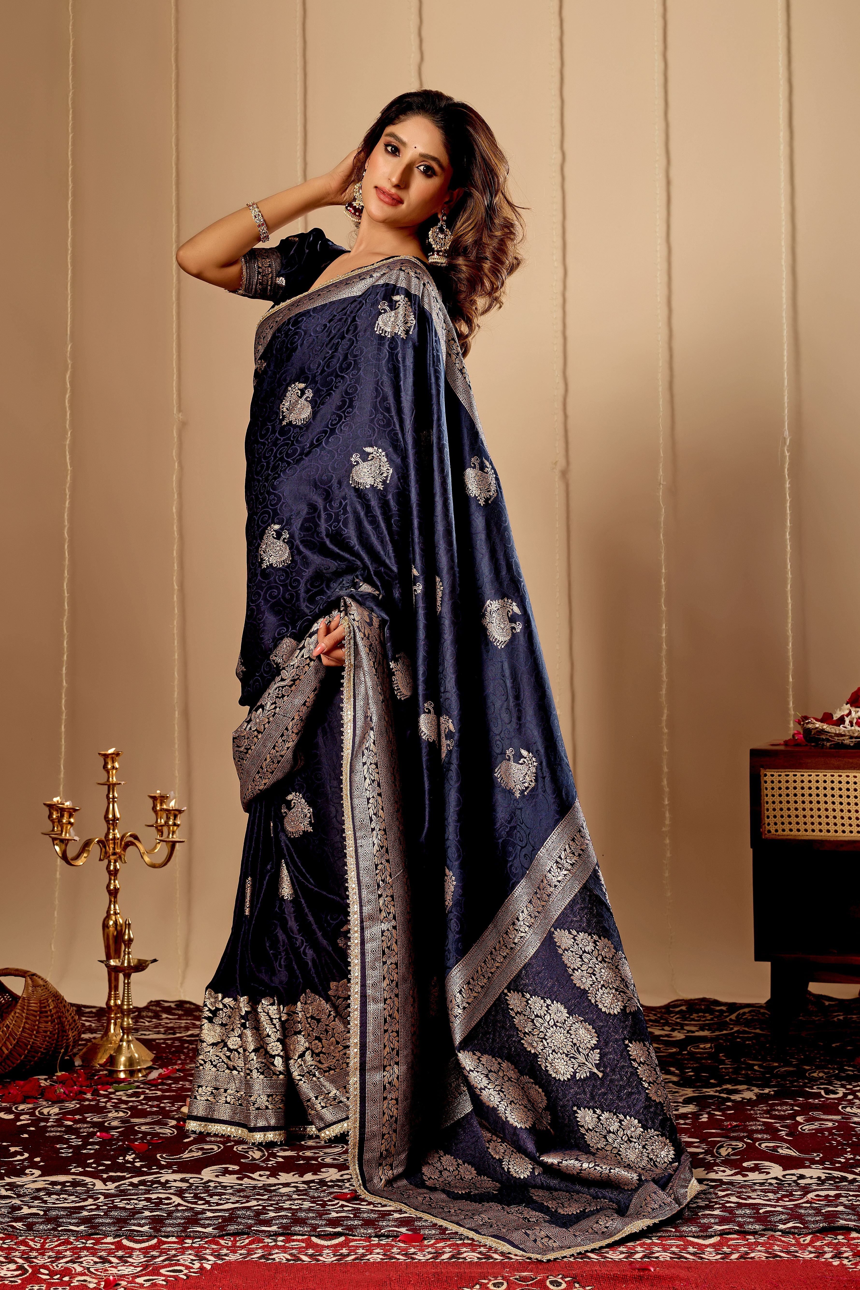 Royal Midnight Blue Satin Silk by Icultuer with Antique Silver Zari Motifs