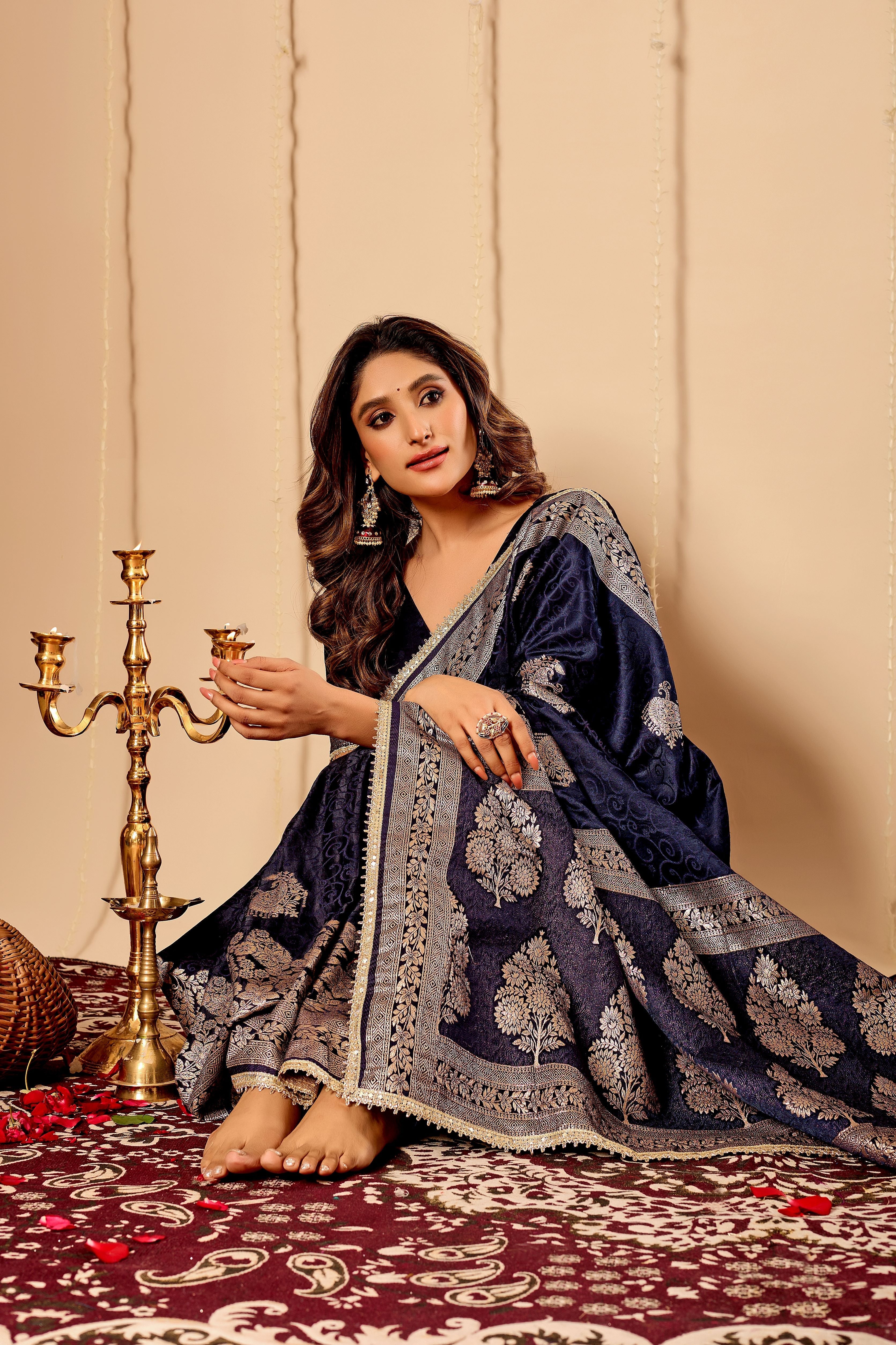 Royal Midnight Blue Satin Silk by Icultuer with Antique Silver Zari Motifs