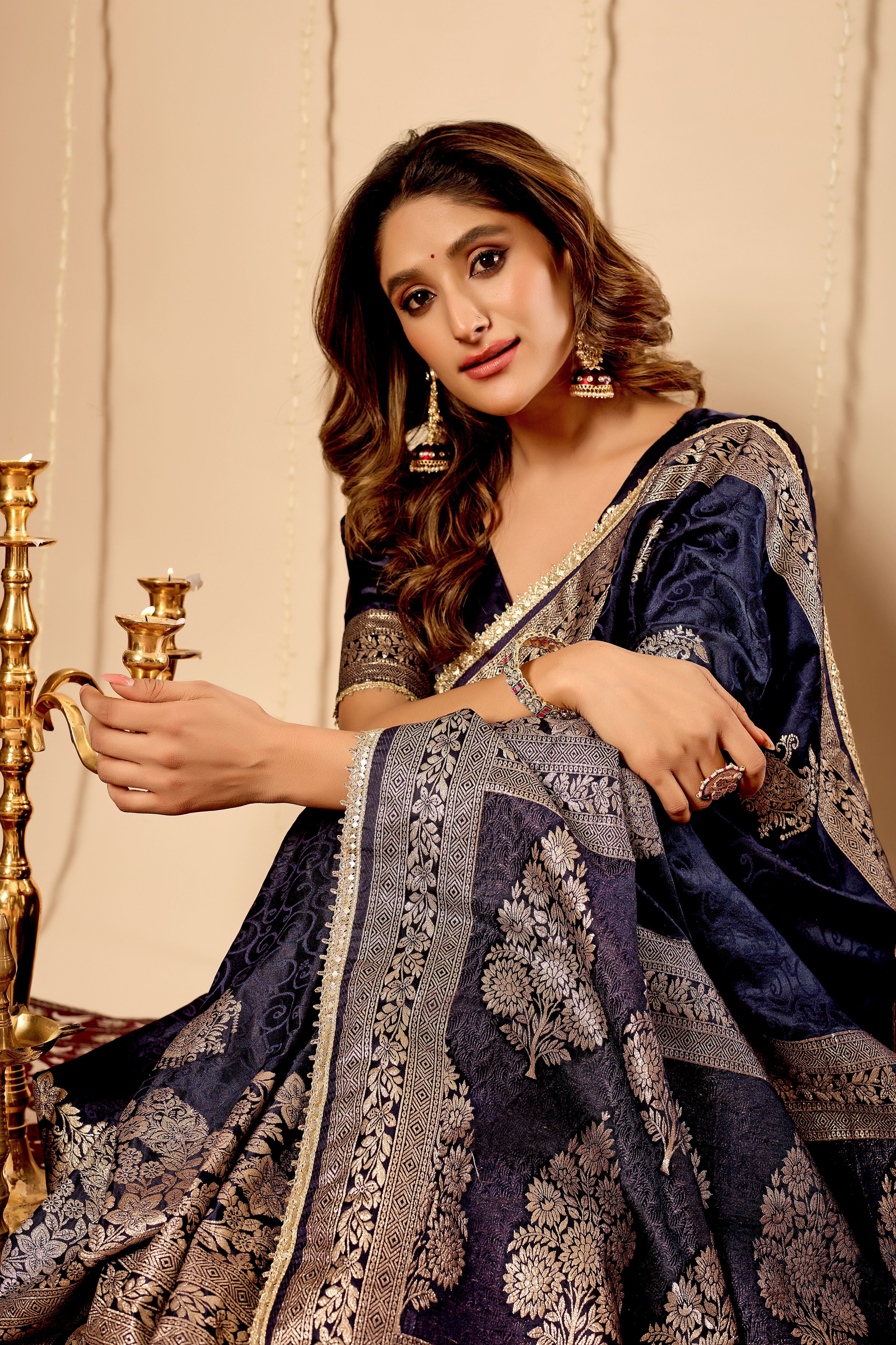 Royal Midnight Blue Satin Silk by Icultuer with Antique Silver Zari Motifs