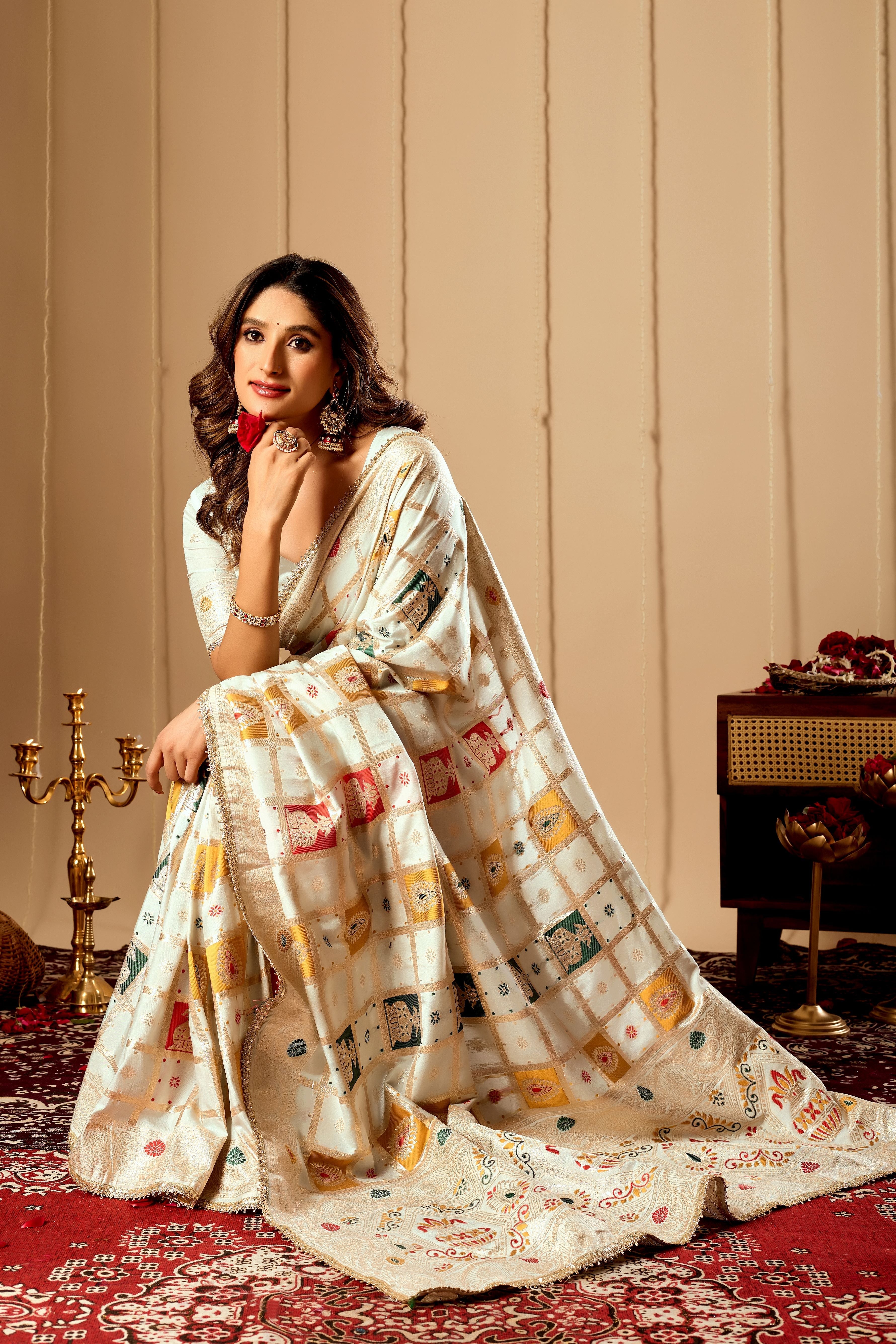Ivory Pearl Satin Silk by Icultuer with Multicolor Heritage Zari Motifs