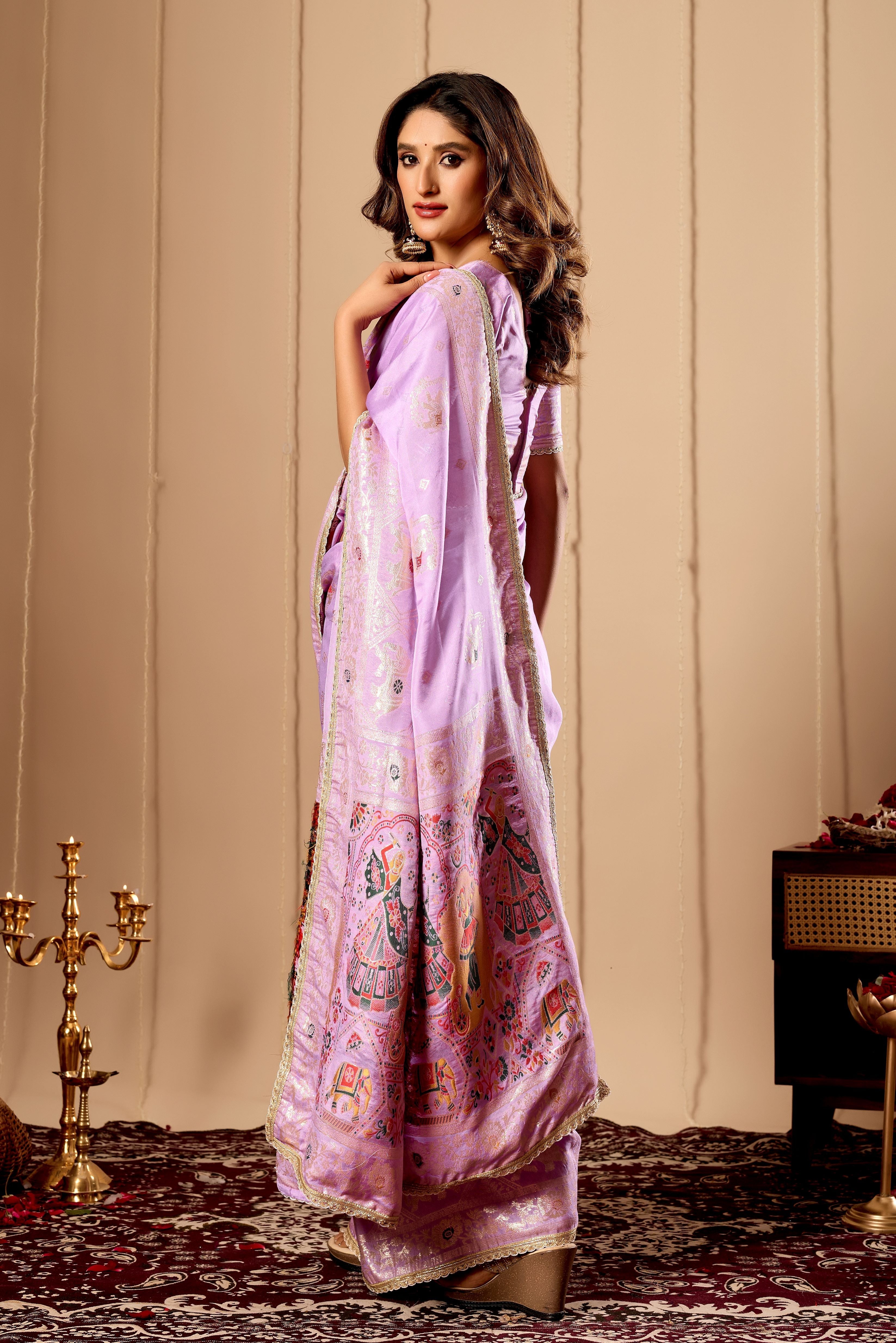 Lavender Mist Satin Silk by Icultuer with Heritage Motifs & Zari Border