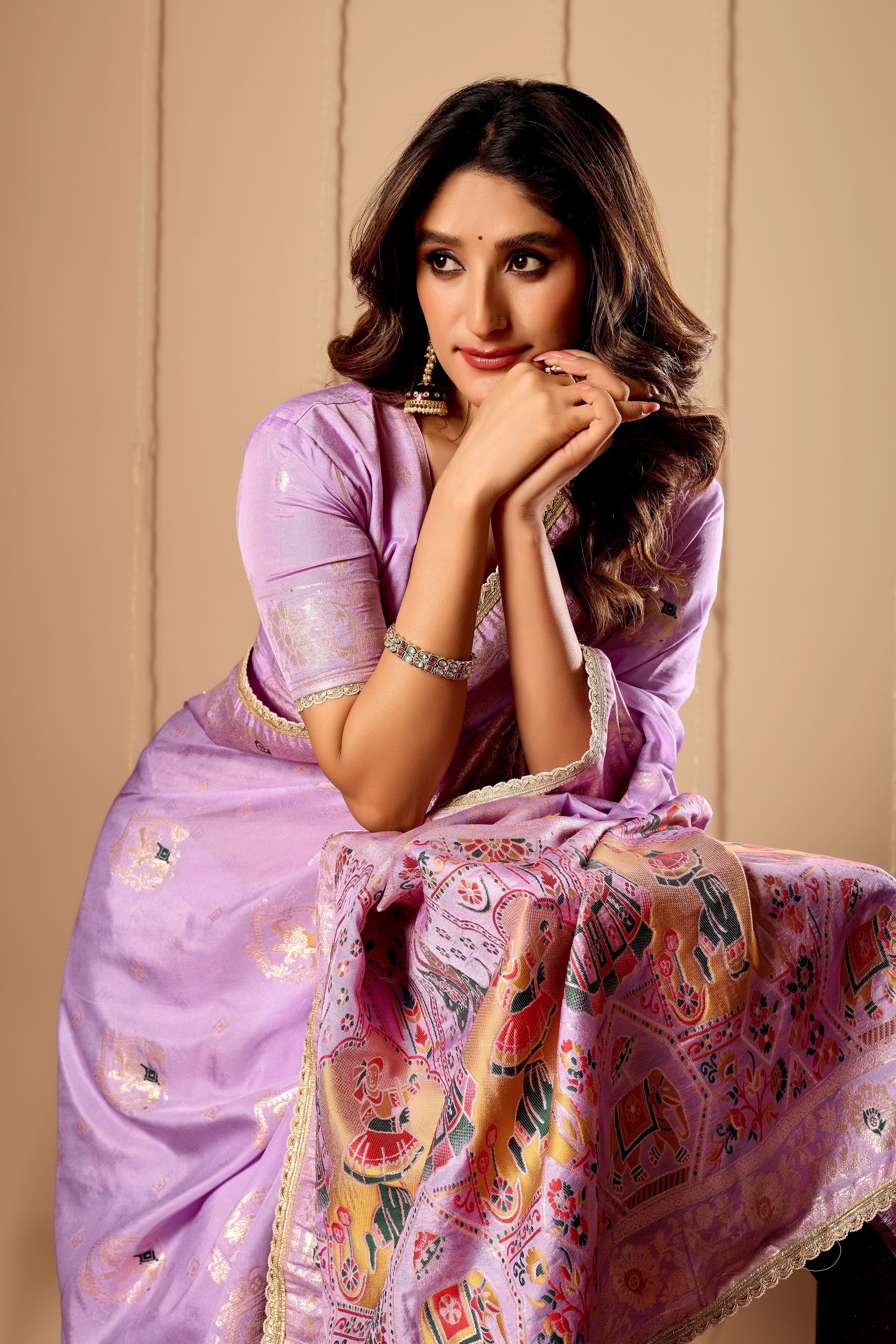 Lavender Mist Satin Silk by Icultuer with Heritage Motifs & Zari Border