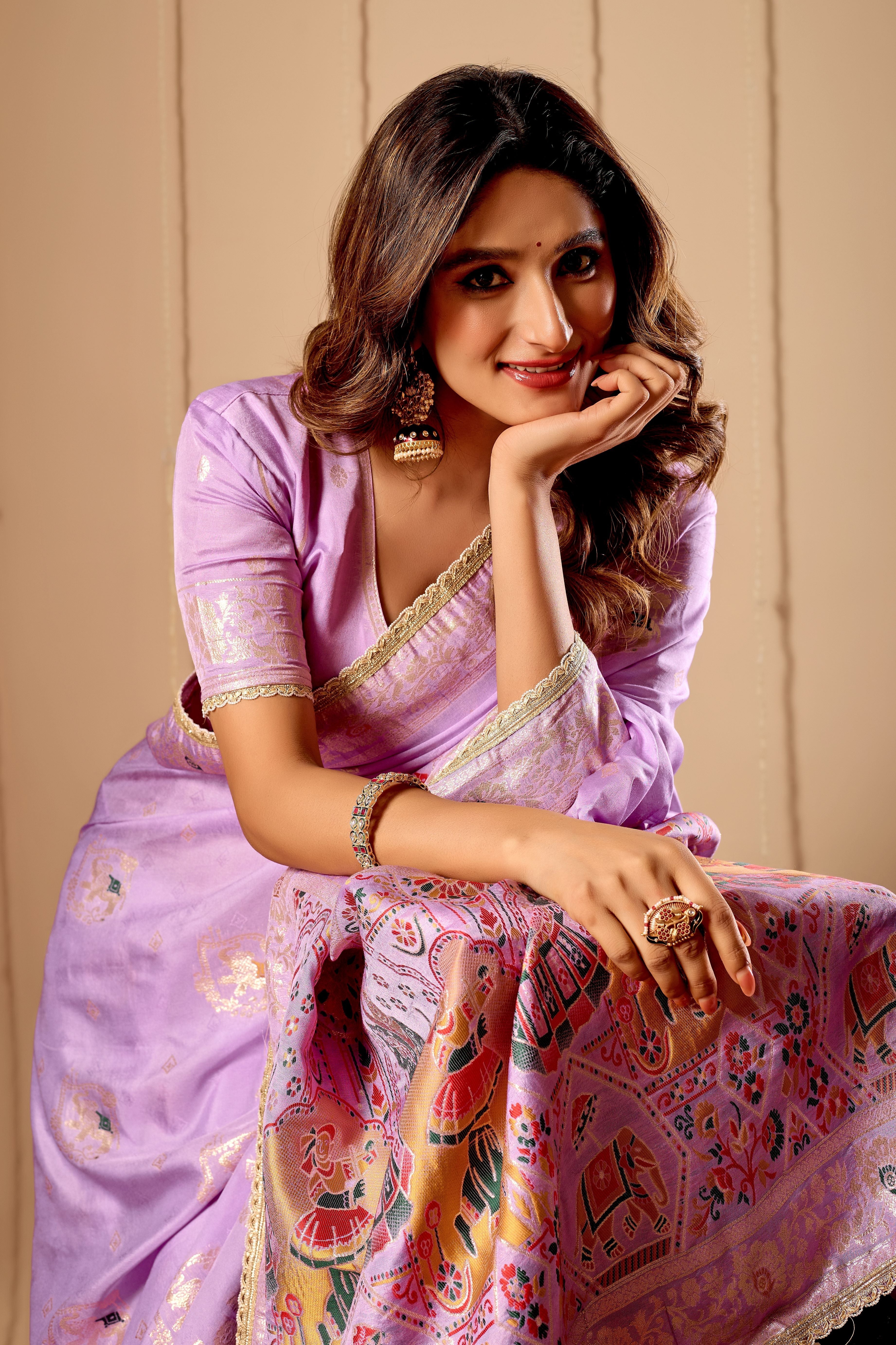 Lavender Mist Satin Silk by Icultuer with Heritage Motifs & Zari Border