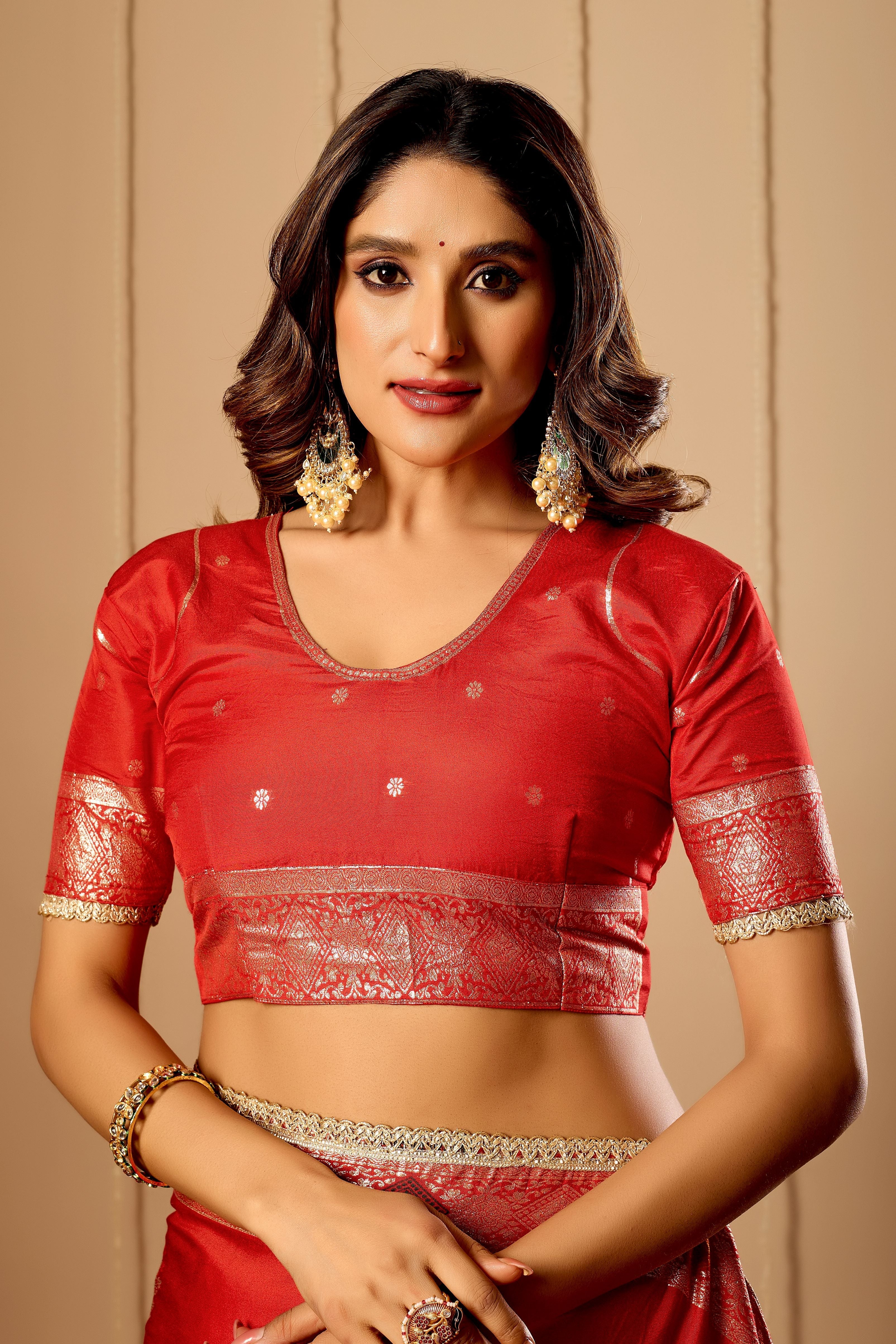 Crimson Vermilion Satin Silk by Icultuer with Traditional Gold Zari Border