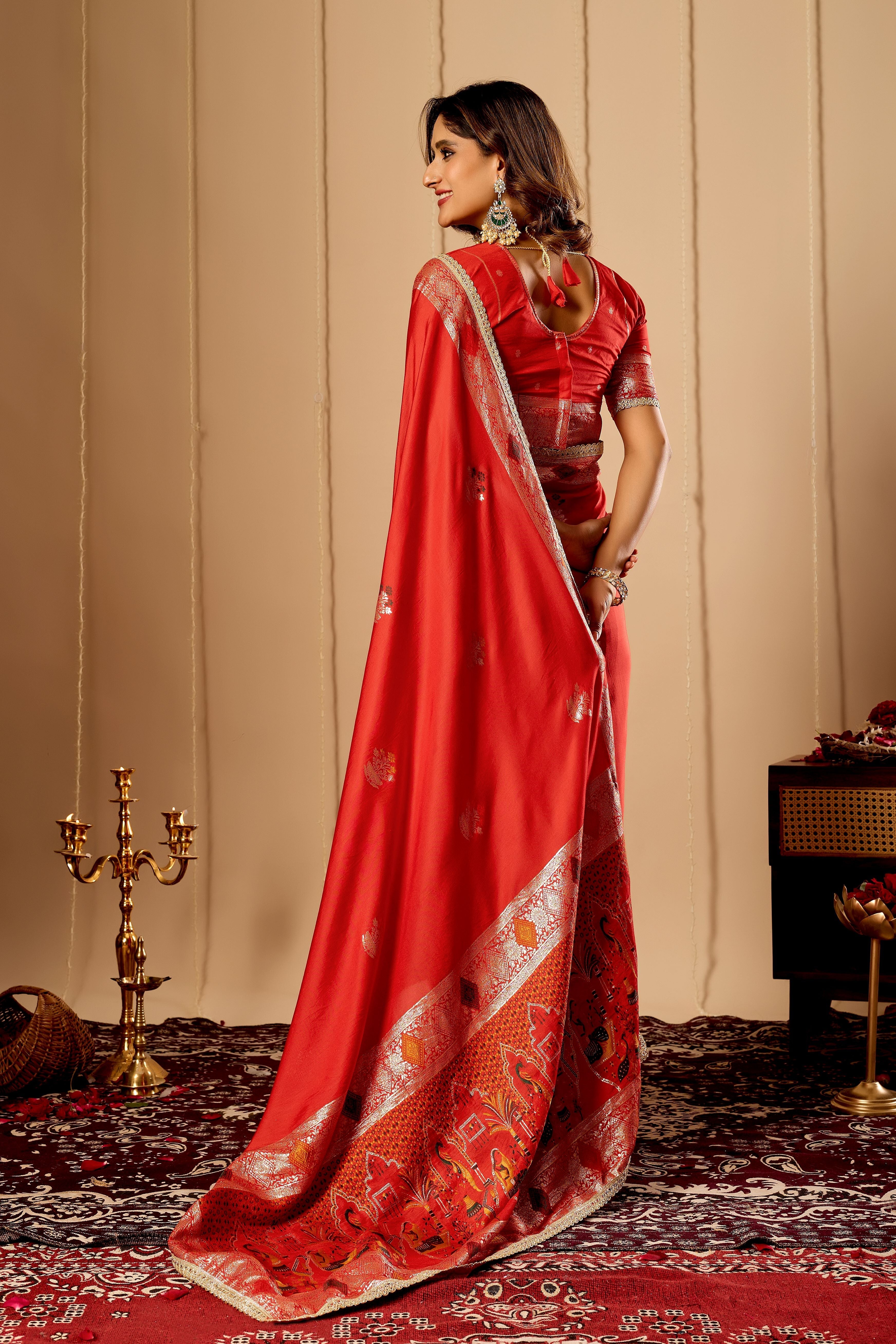 Crimson Vermilion Satin Silk by Icultuer with Traditional Gold Zari Border
