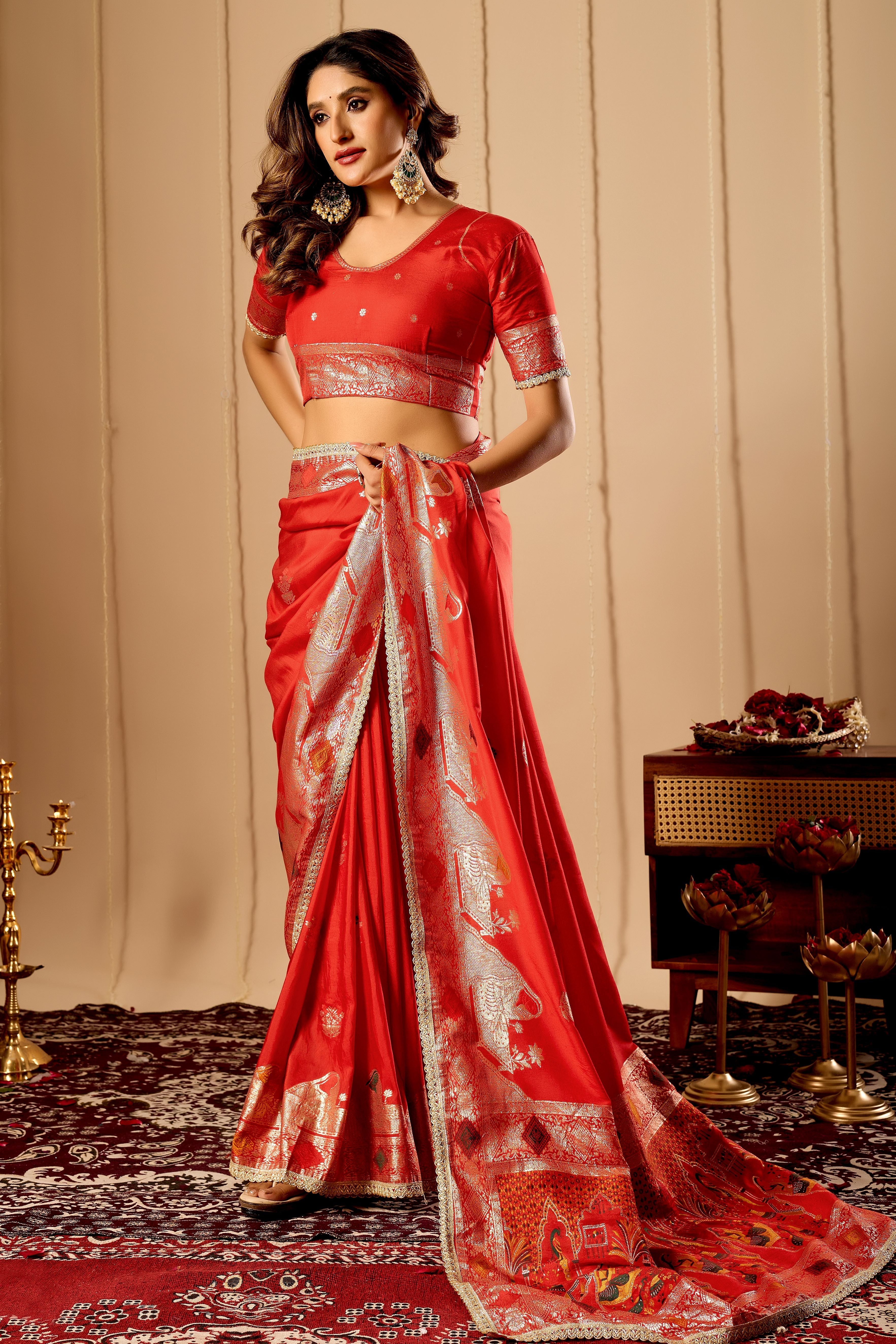 Crimson Vermilion Satin Silk by Icultuer with Traditional Gold Zari Border