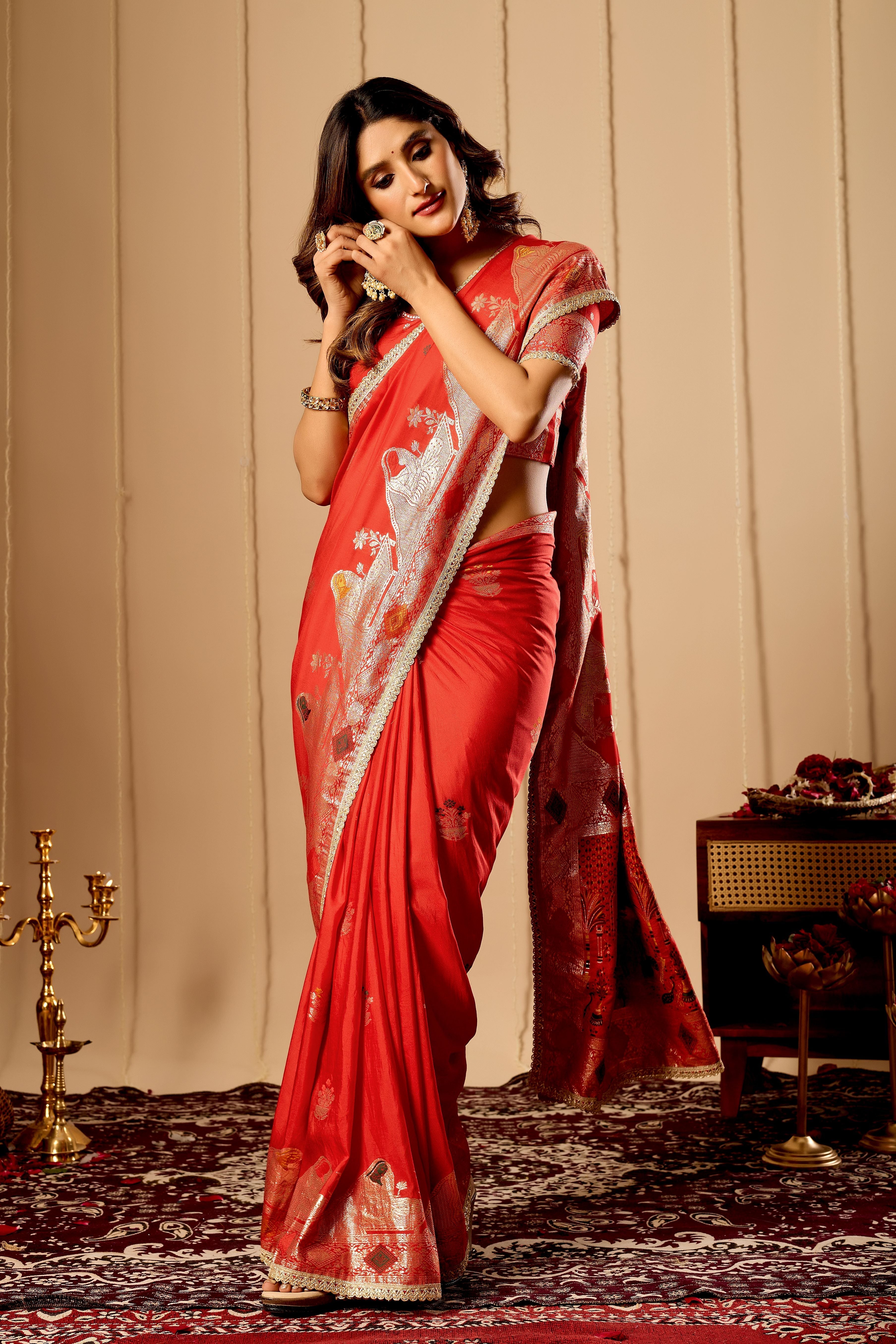 Crimson Vermilion Satin Silk by Icultuer with Traditional Gold Zari Border
