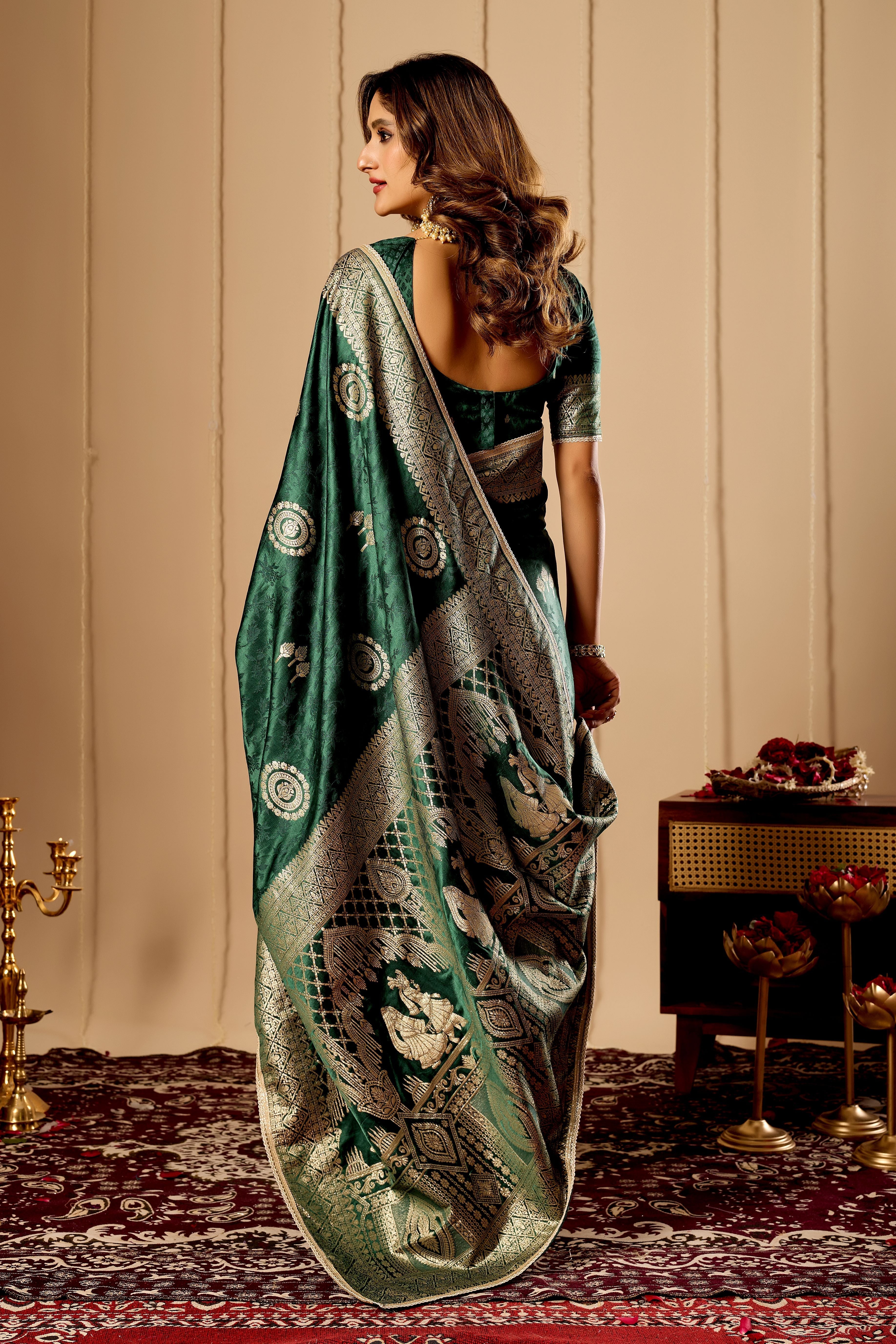 Emerald Green  Royale Satin Silk by Icultuer with Antique Gold Zari Weave