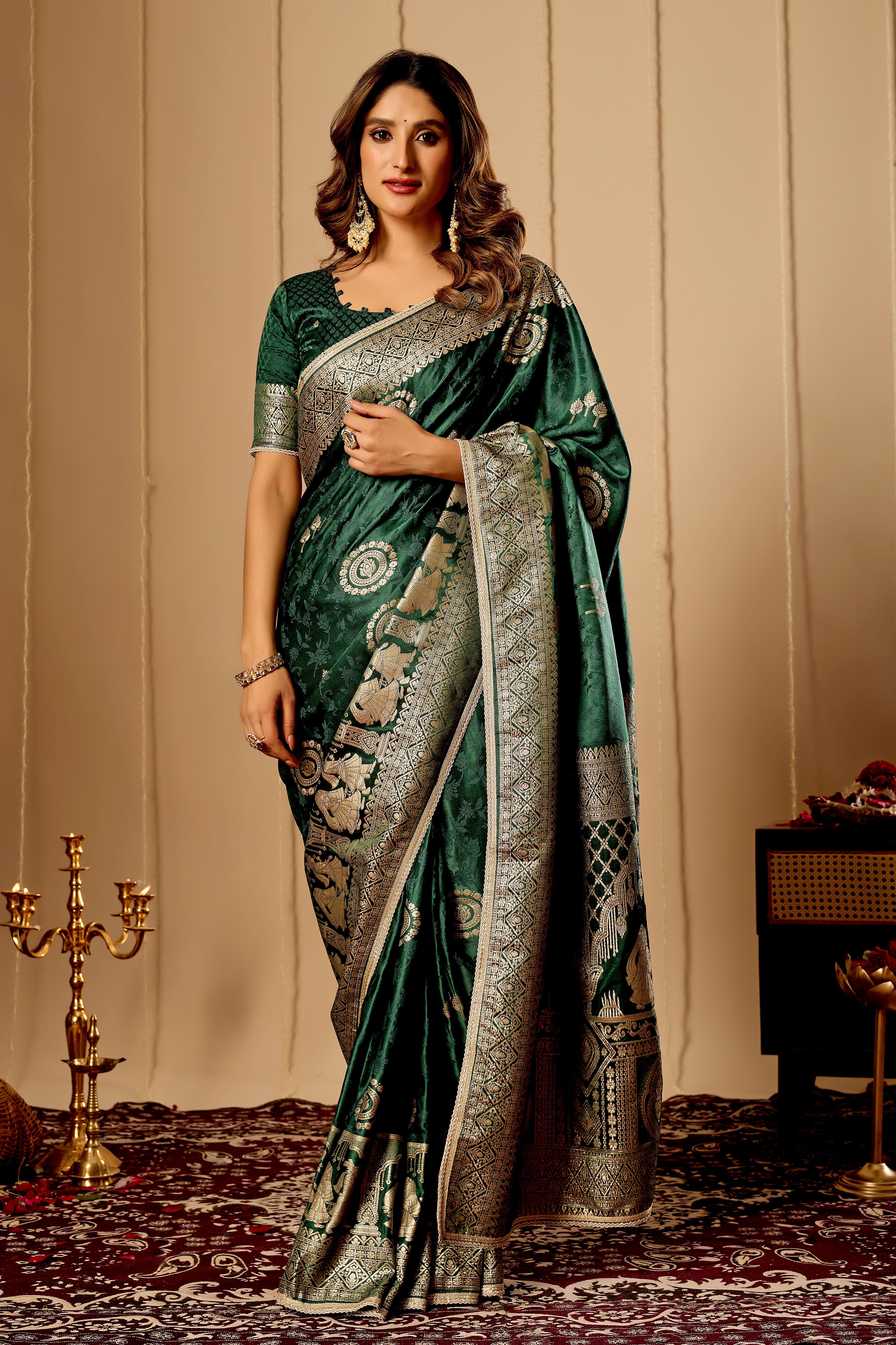 Emerald Green  Royale Satin Silk Saree with Antique Gold Zari Weave