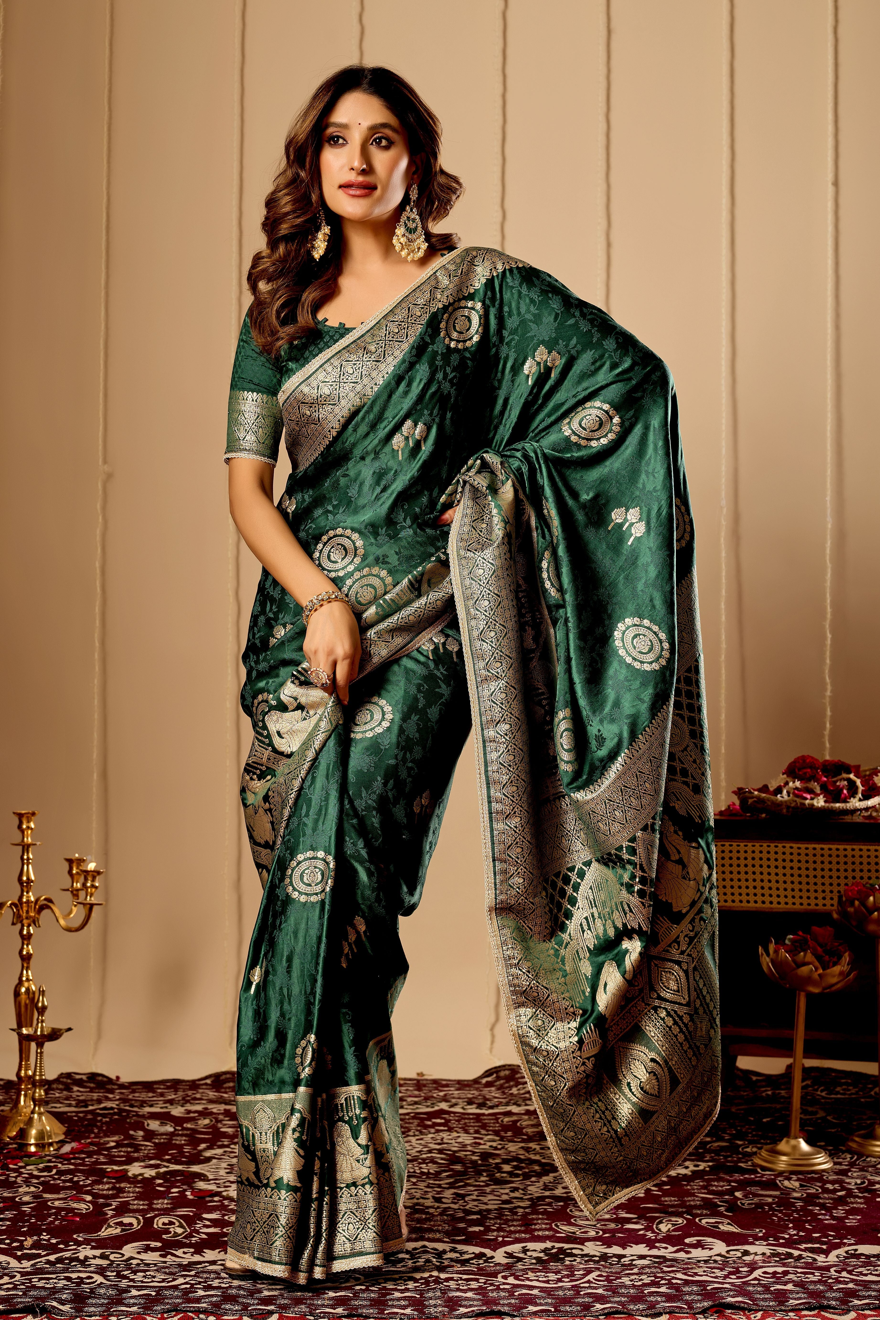 Emerald Green  Royale Satin Silk by Icultuer with Antique Gold Zari Weave