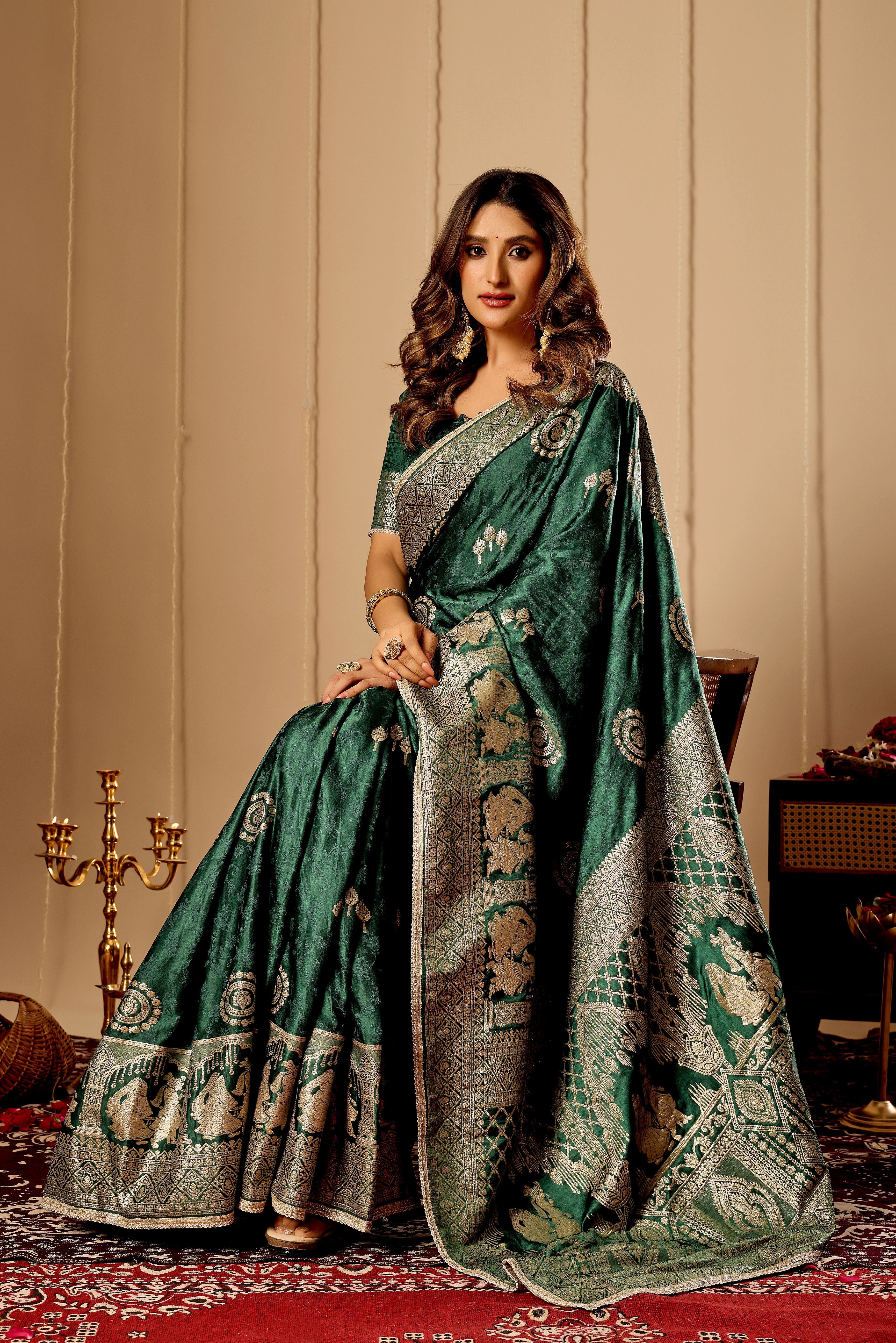 Emerald Green  Royale Satin Silk by Icultuer with Antique Gold Zari Weave