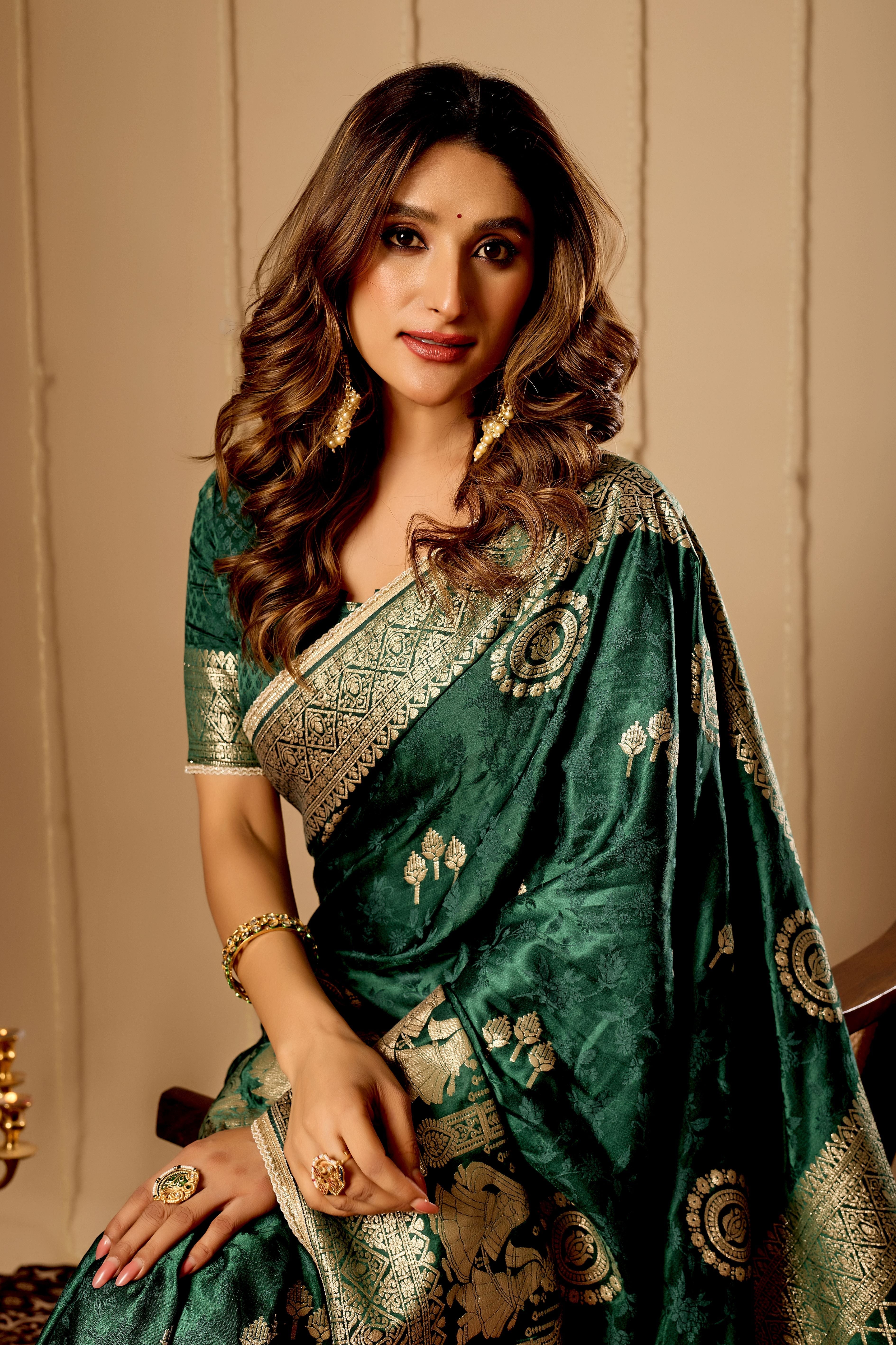 Emerald Green  Royale Satin Silk by Icultuer with Antique Gold Zari Weave