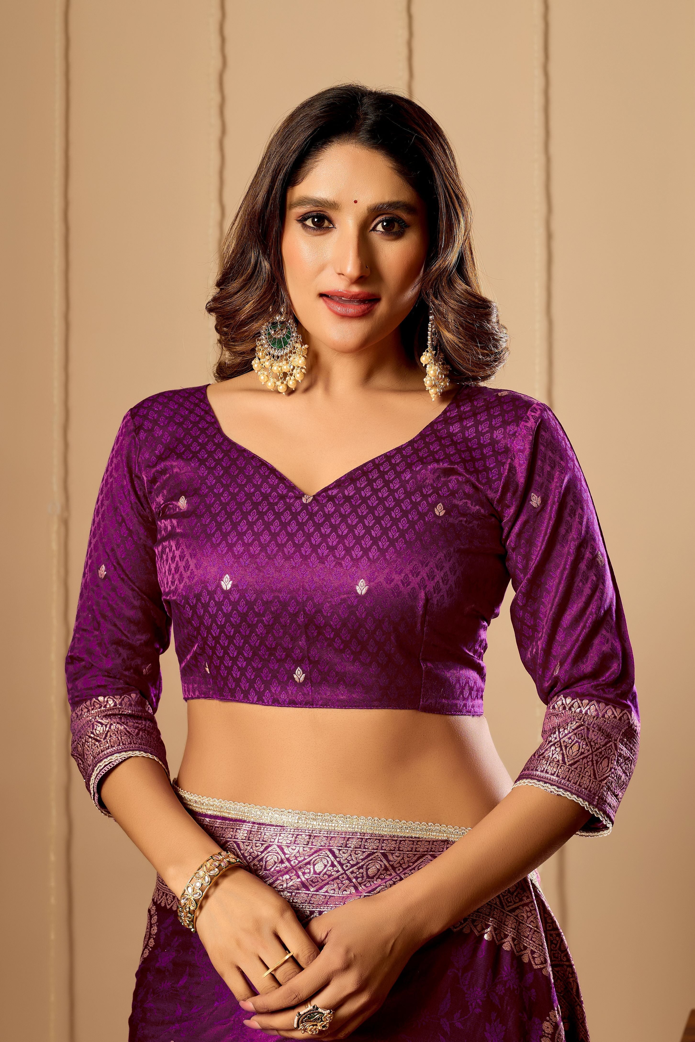 Regal Wine Purple Satin Silk by Icultuer with Intricate Antique Gold Zari Weaving and Grand Traditional Pallu