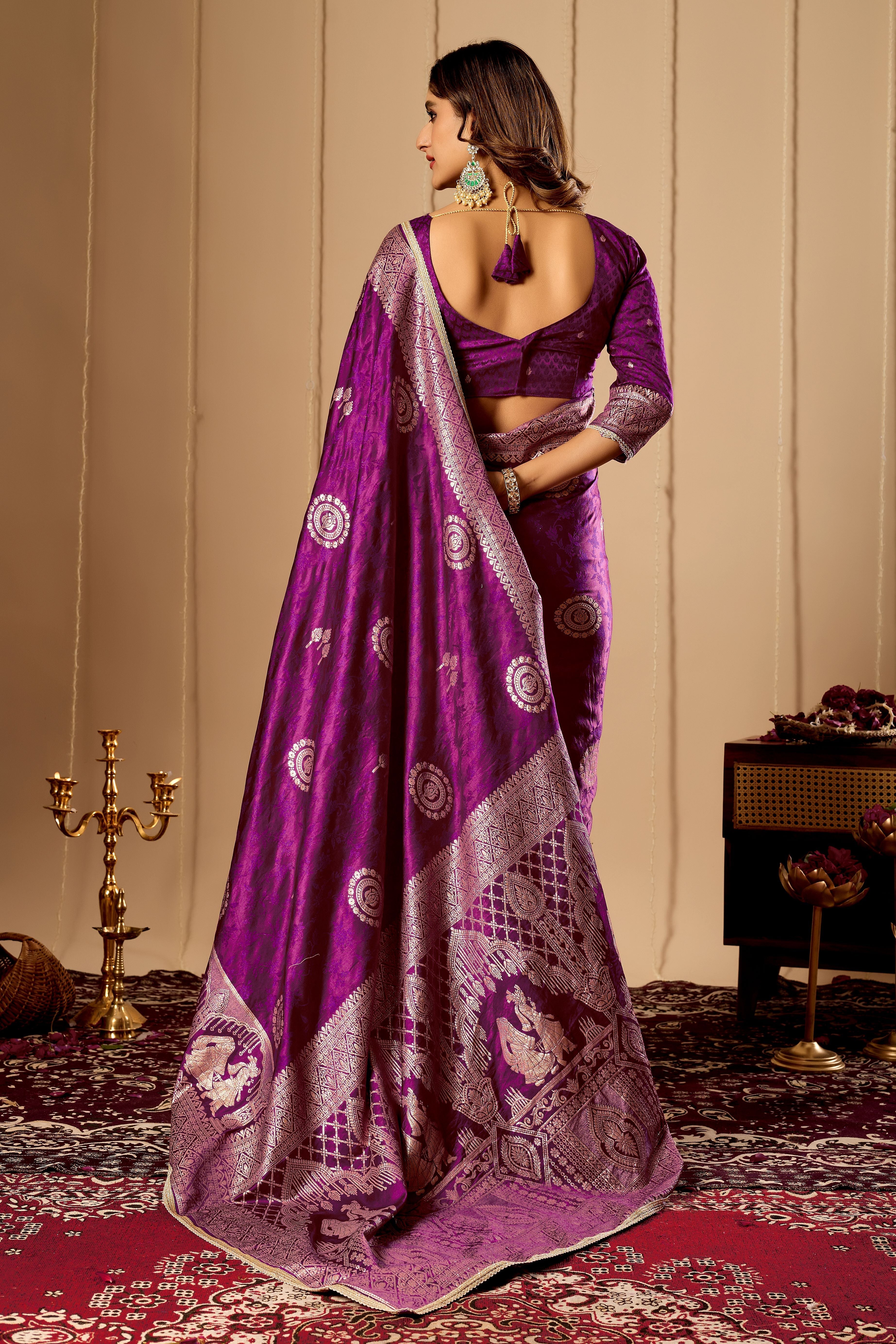 Regal Wine Purple Satin Silk by Icultuer with Intricate Antique Gold Zari Weaving and Grand Traditional Pallu