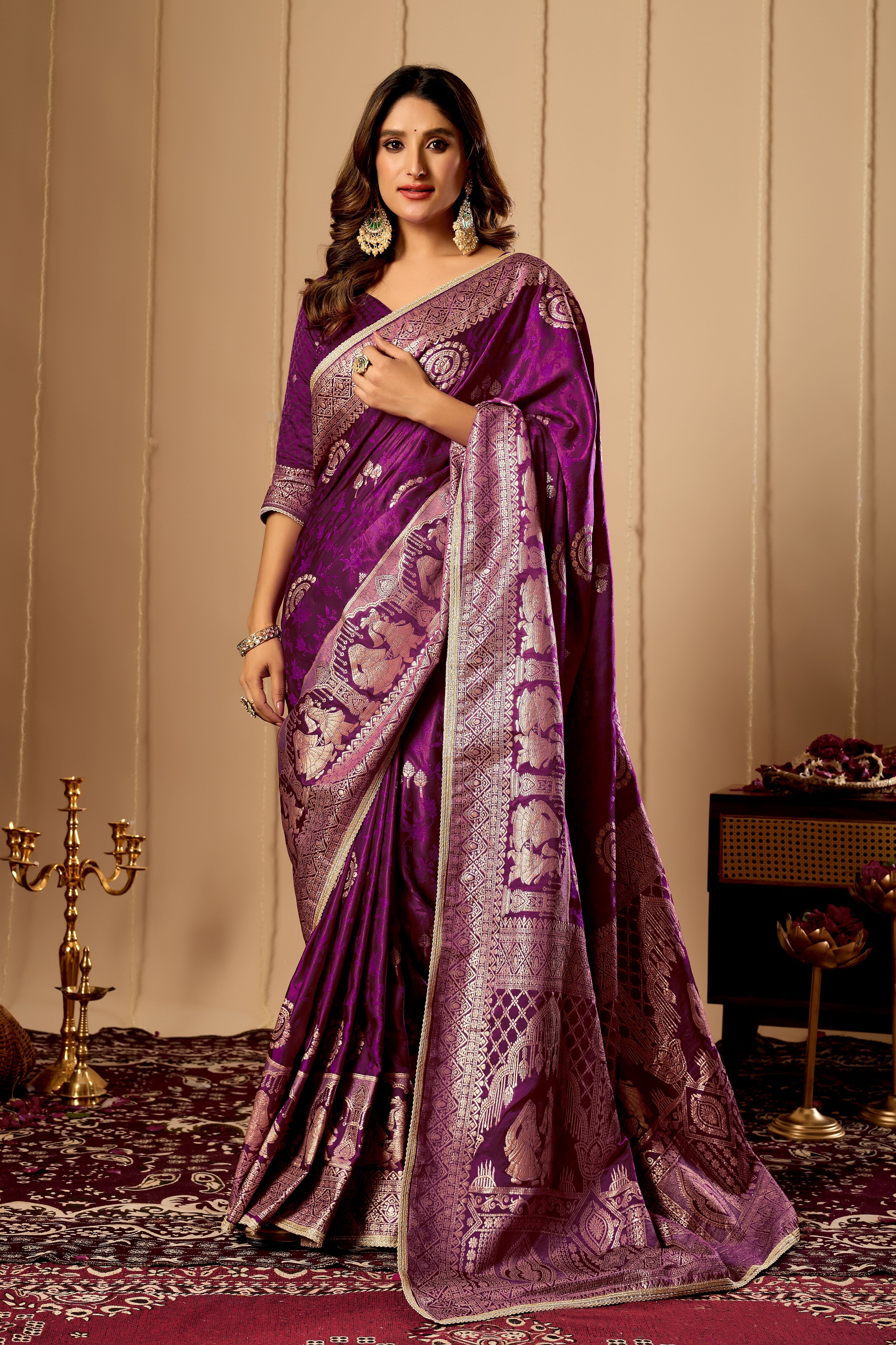 Regal Wine Purple Satin Silk by Icultuer with Intricate Antique Gold Zari Weaving and Grand Traditional Pallu