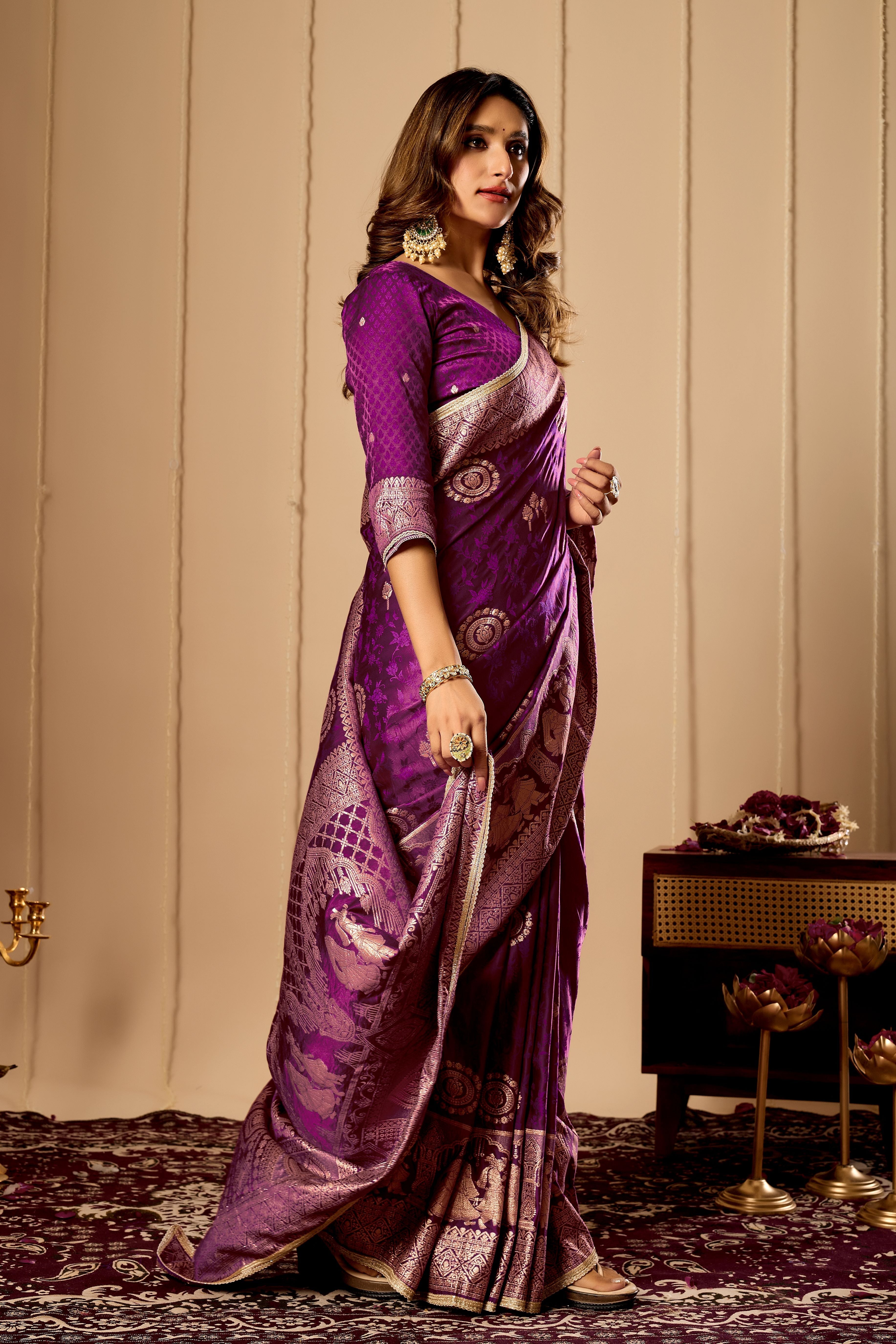 Regal Wine Purple Satin Silk by Icultuer with Intricate Antique Gold Zari Weaving and Grand Traditional Pallu