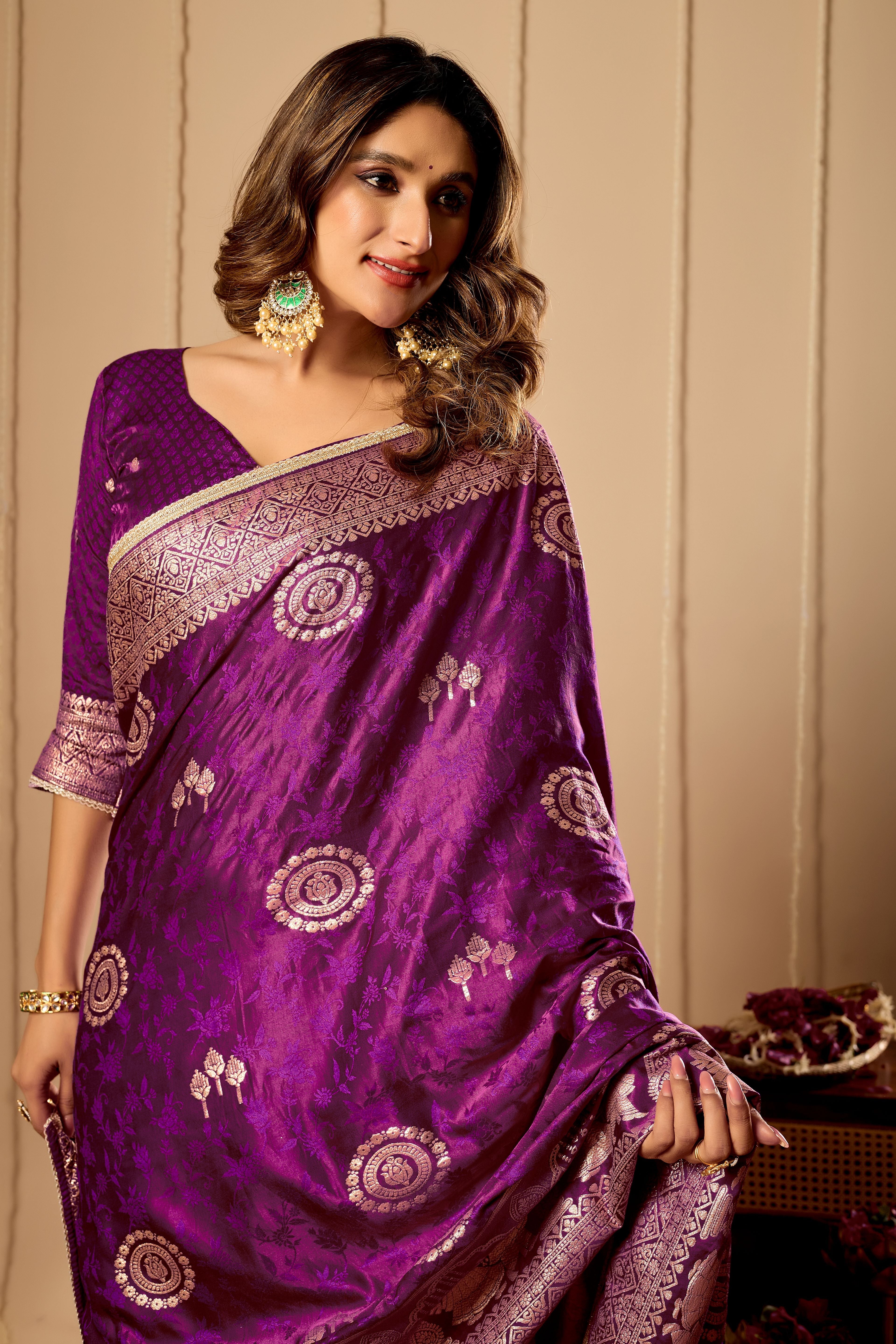 Regal Wine Purple Satin Silk Saree with Intricate Antique Gold Zari Weaving and Grand Traditional Pallu