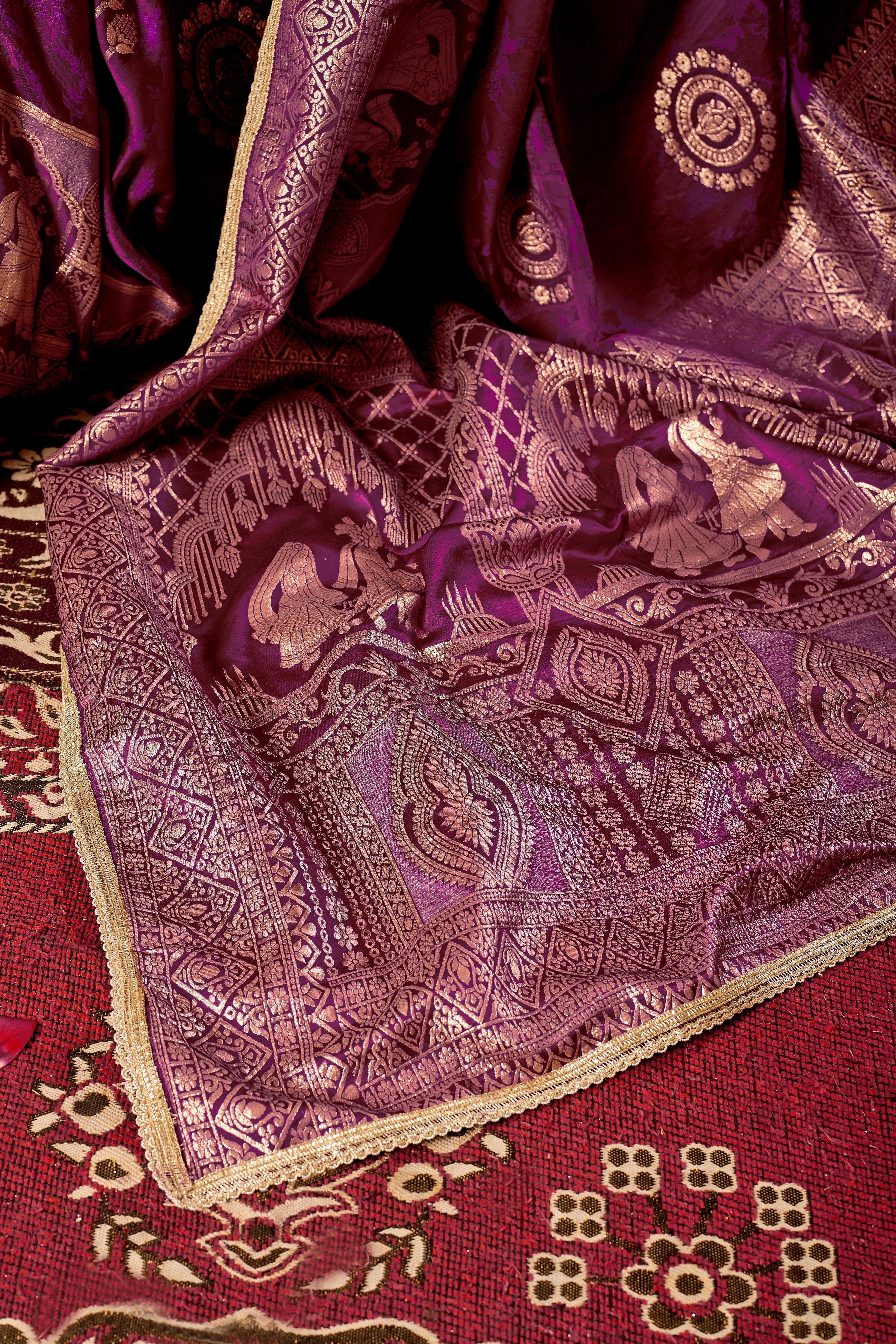 Regal Wine Purple Satin Silk by Icultuer with Intricate Antique Gold Zari Weaving and Grand Traditional Pallu