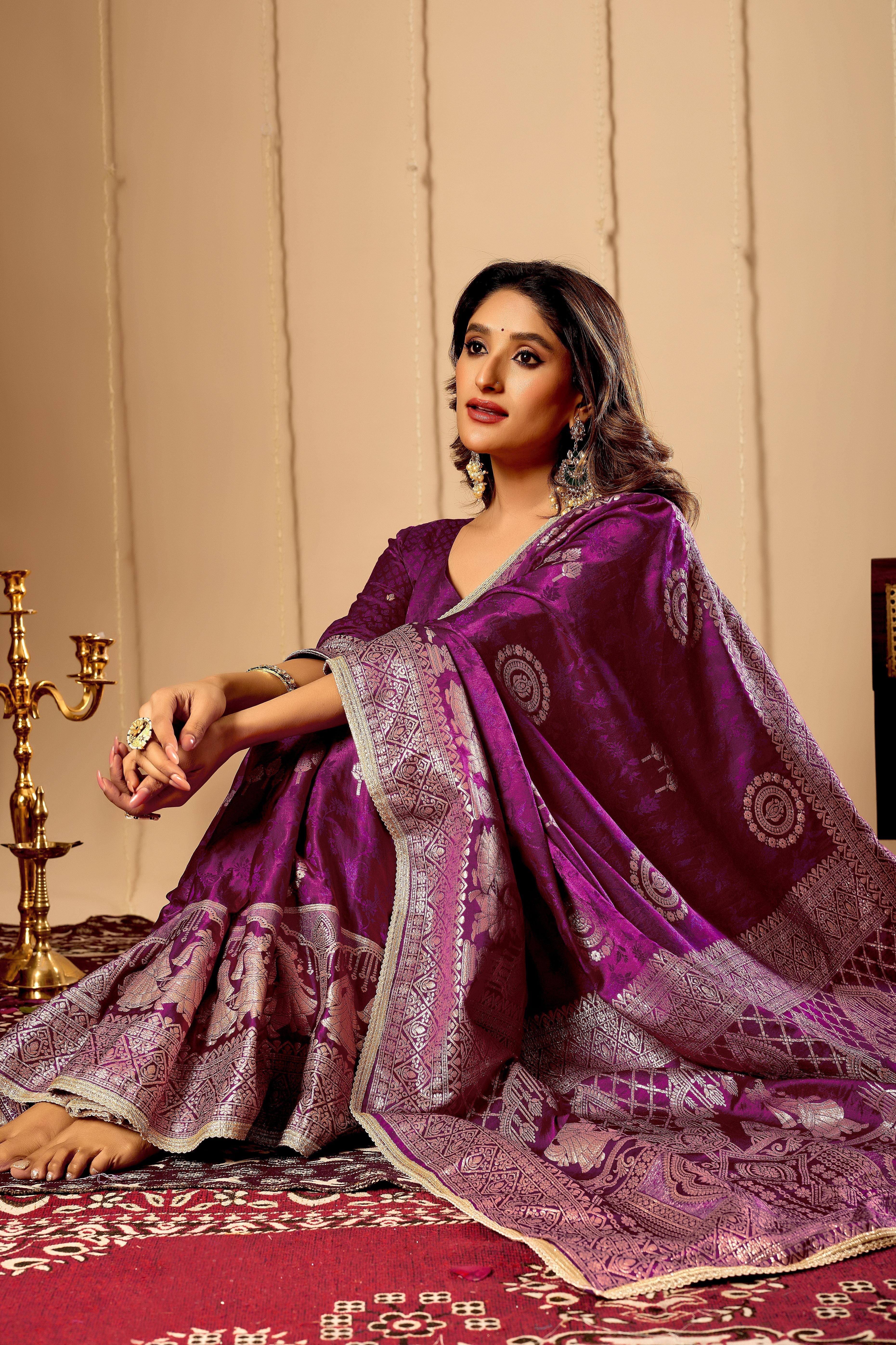 Regal Wine Purple Satin Silk by Icultuer with Intricate Antique Gold Zari Weaving and Grand Traditional Pallu