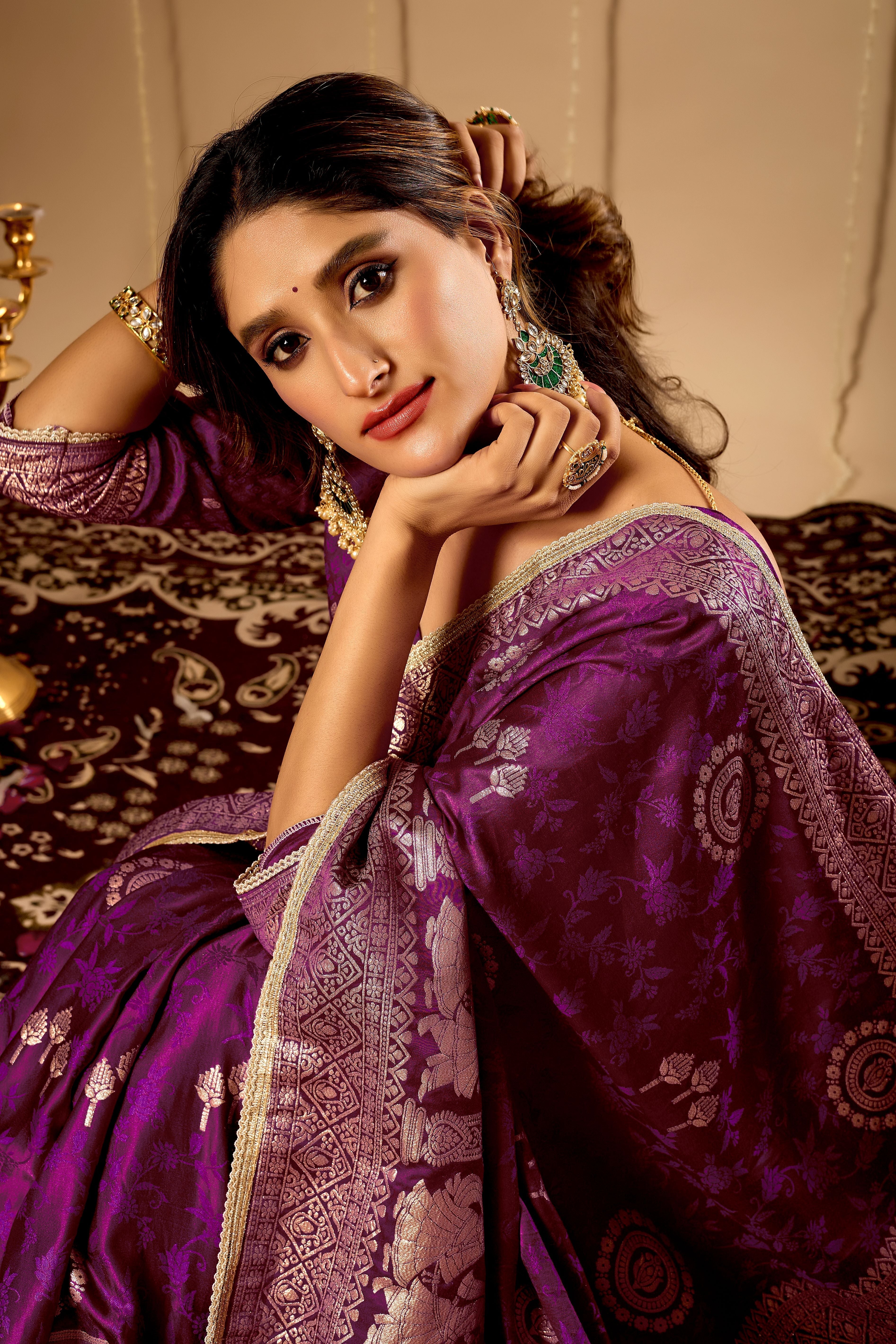 Regal Wine Purple Satin Silk by Icultuer with Intricate Antique Gold Zari Weaving and Grand Traditional Pallu