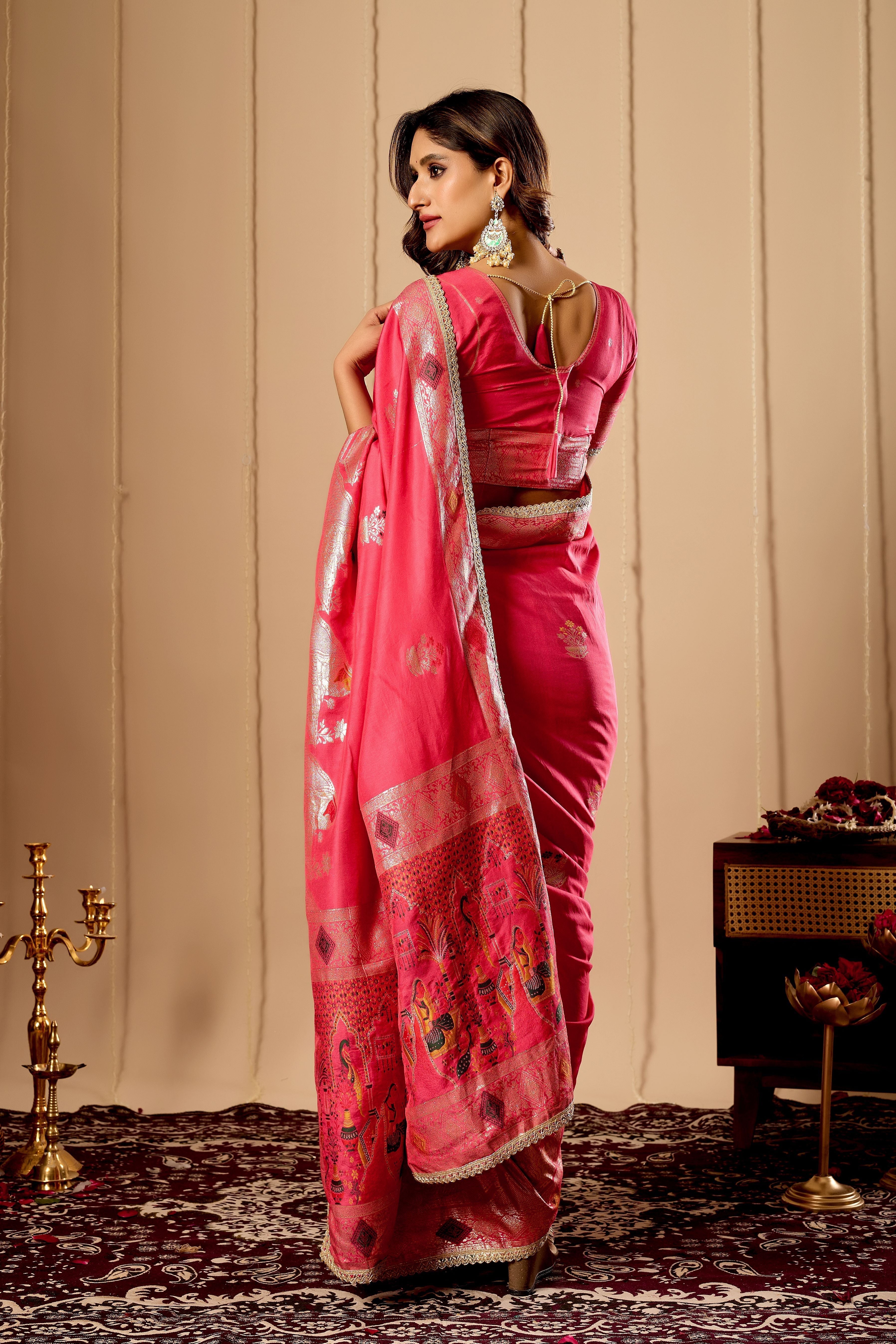 Radiant Rose Pink Satin Silk by Icultuer with Antique Gold Zari Motifs and Ornate Traditional Pallu