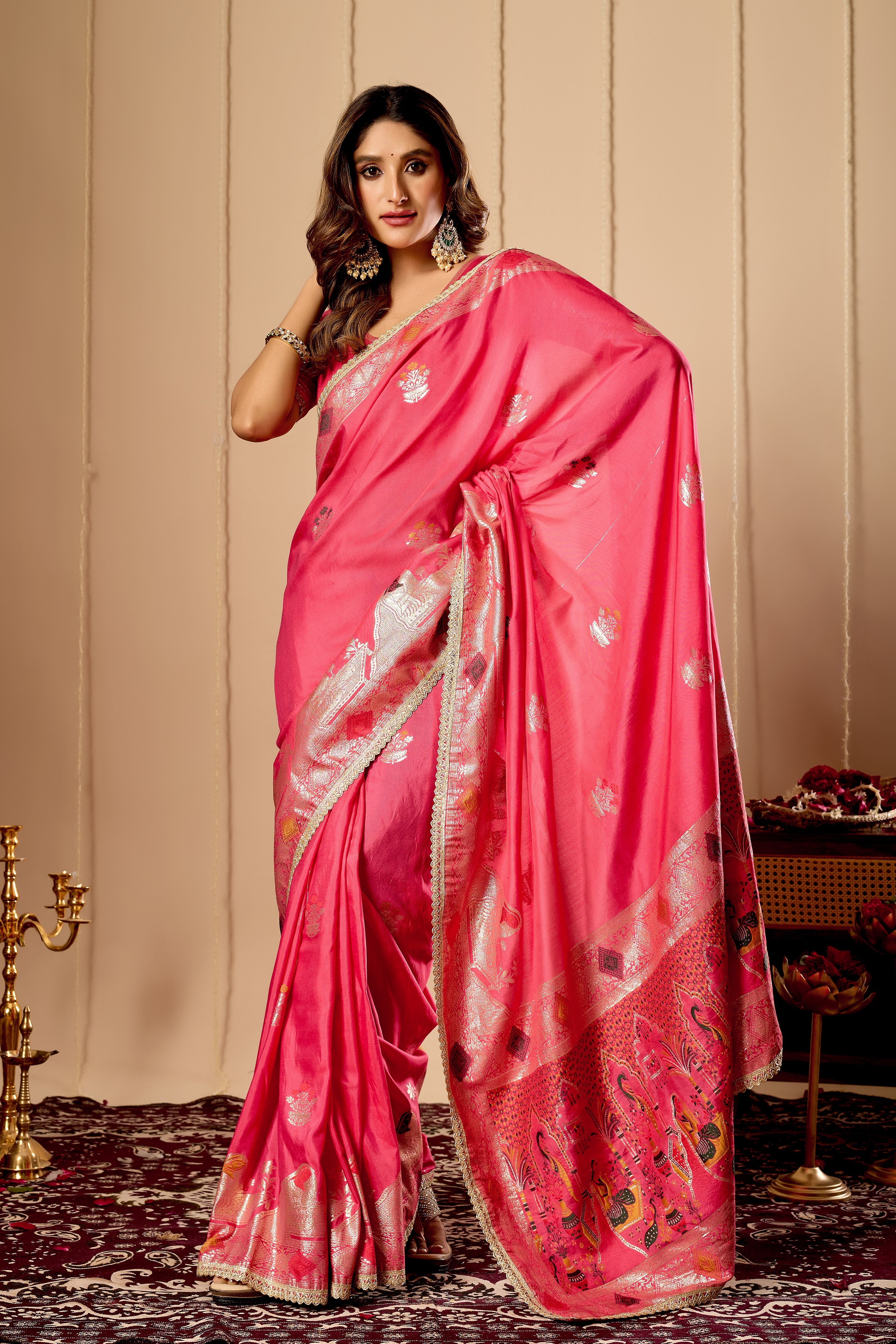 Radiant Rose Pink Satin Silk by Icultuer with Antique Gold Zari Motifs and Ornate Traditional Pallu