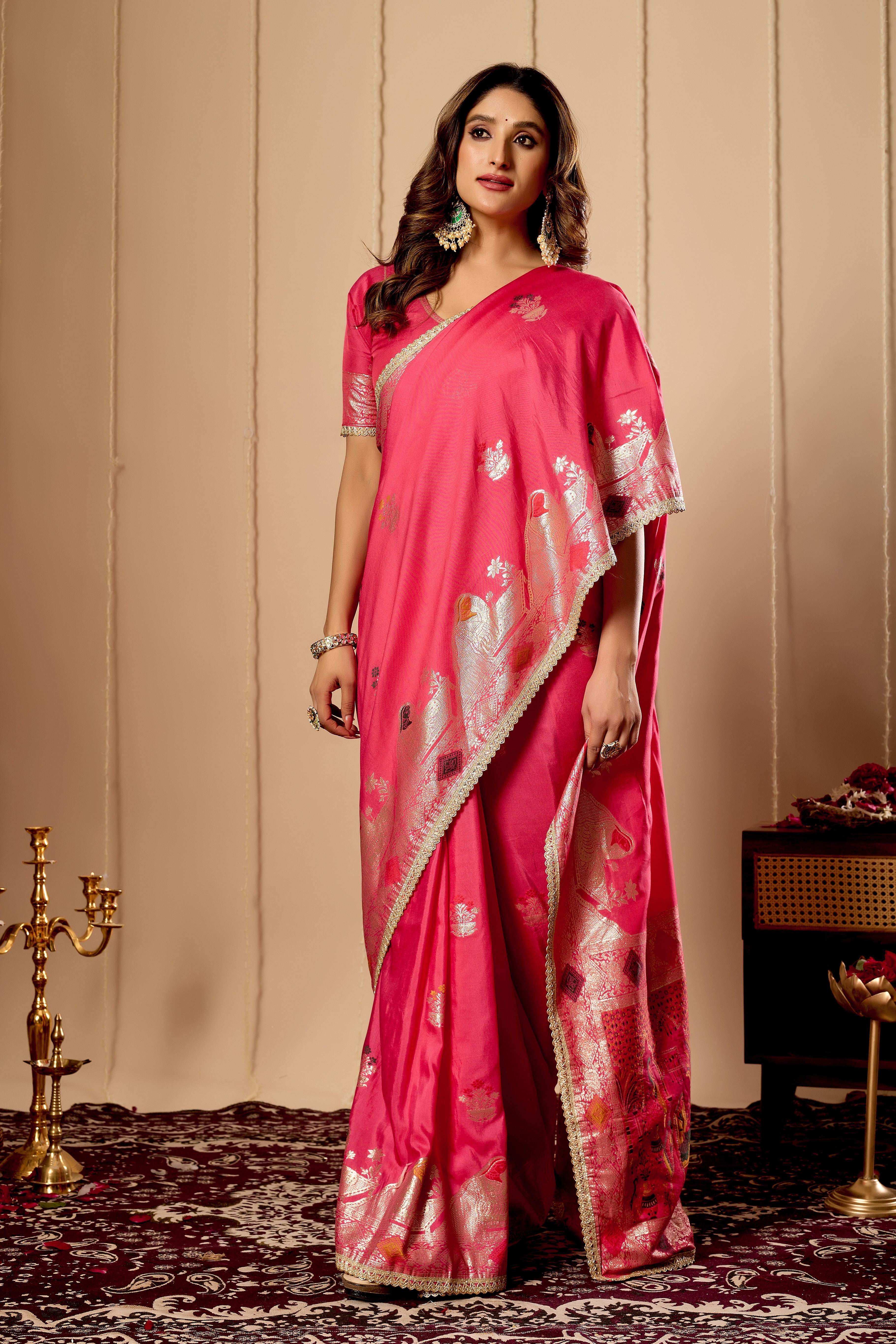 Radiant Rose Pink Satin Silk by Icultuer with Antique Gold Zari Motifs and Ornate Traditional Pallu