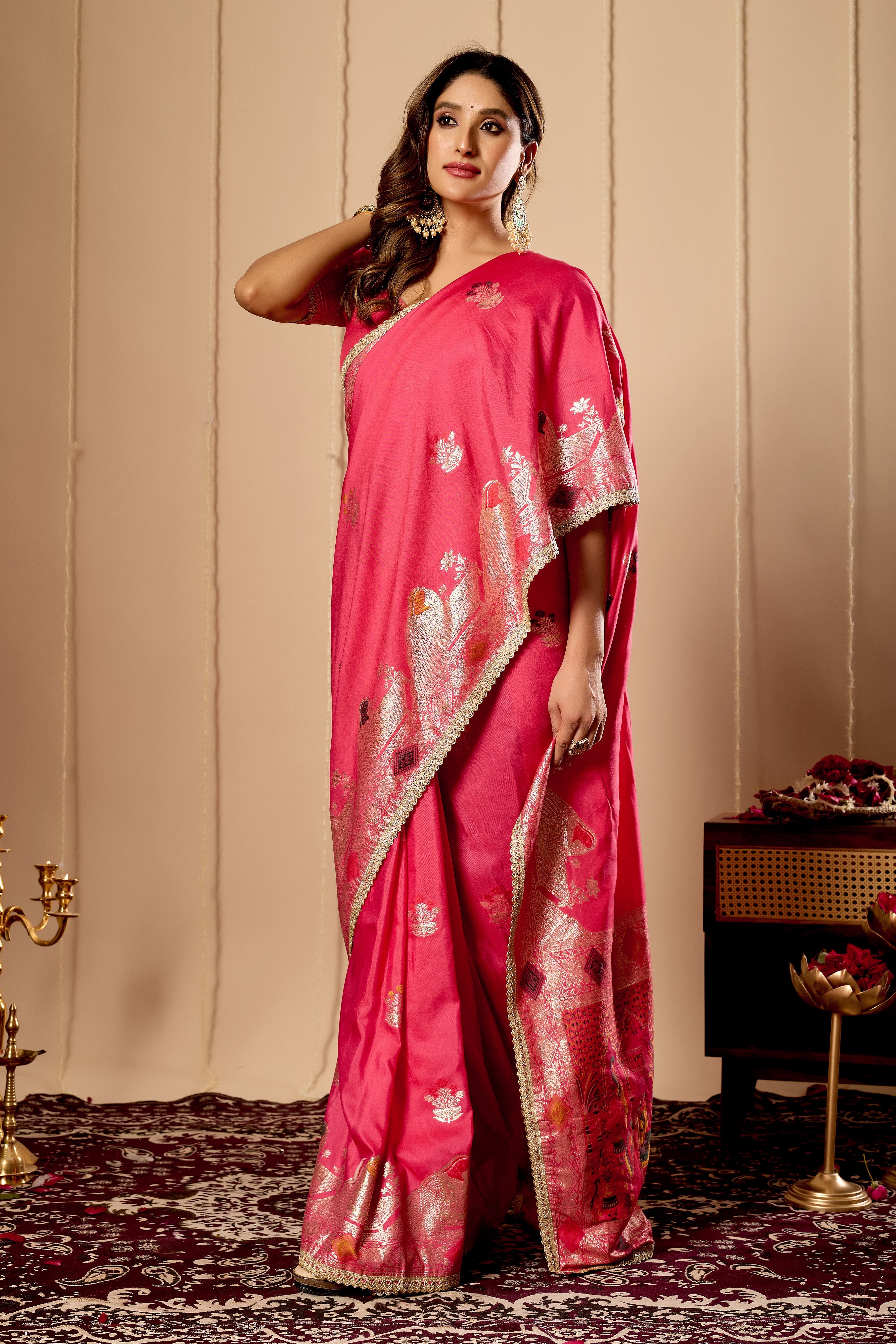 Radiant Rose Pink Satin Silk by Icultuer with Antique Gold Zari Motifs and Ornate Traditional Pallu