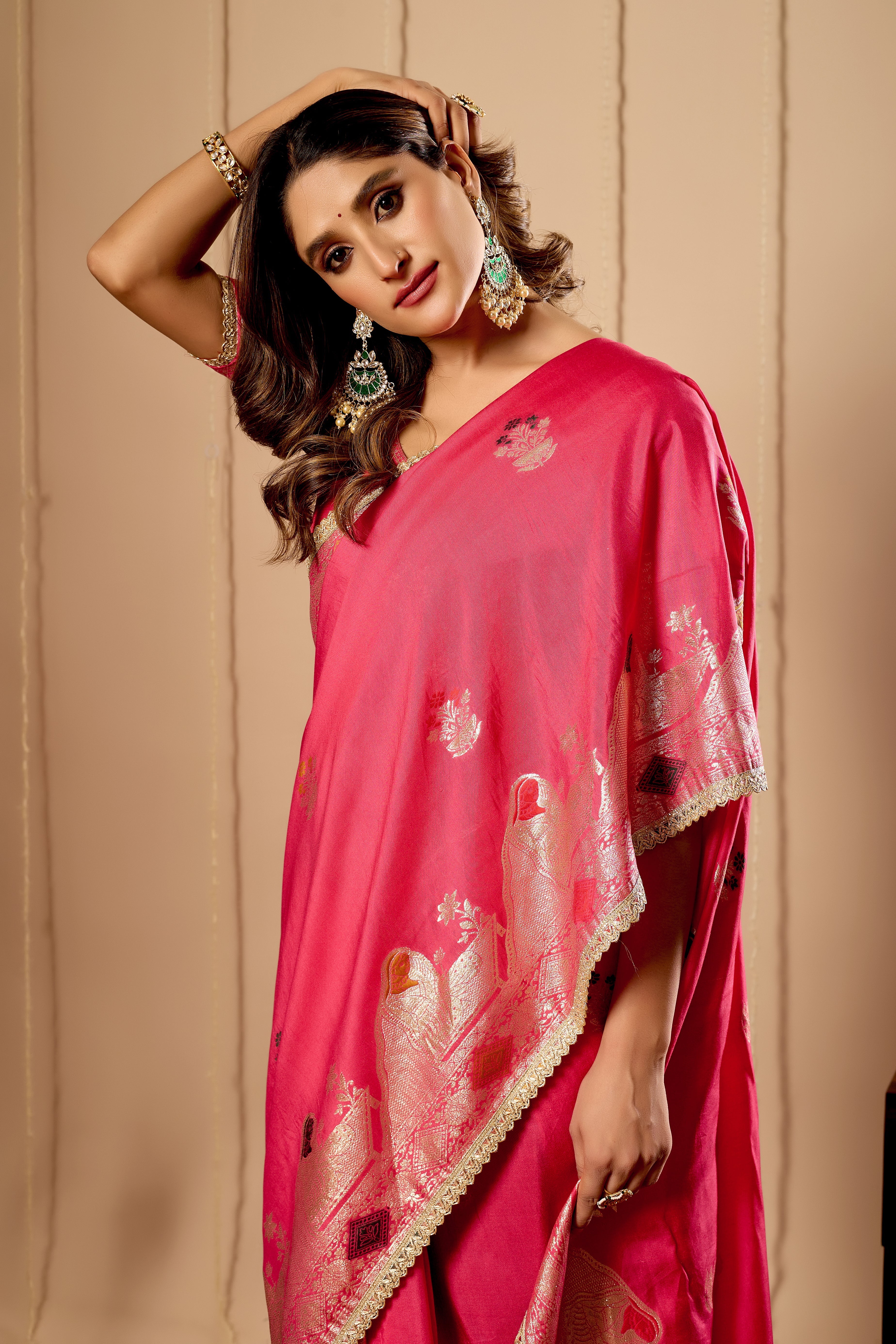 Radiant Rose Pink Satin Silk by Icultuer with Antique Gold Zari Motifs and Ornate Traditional Pallu