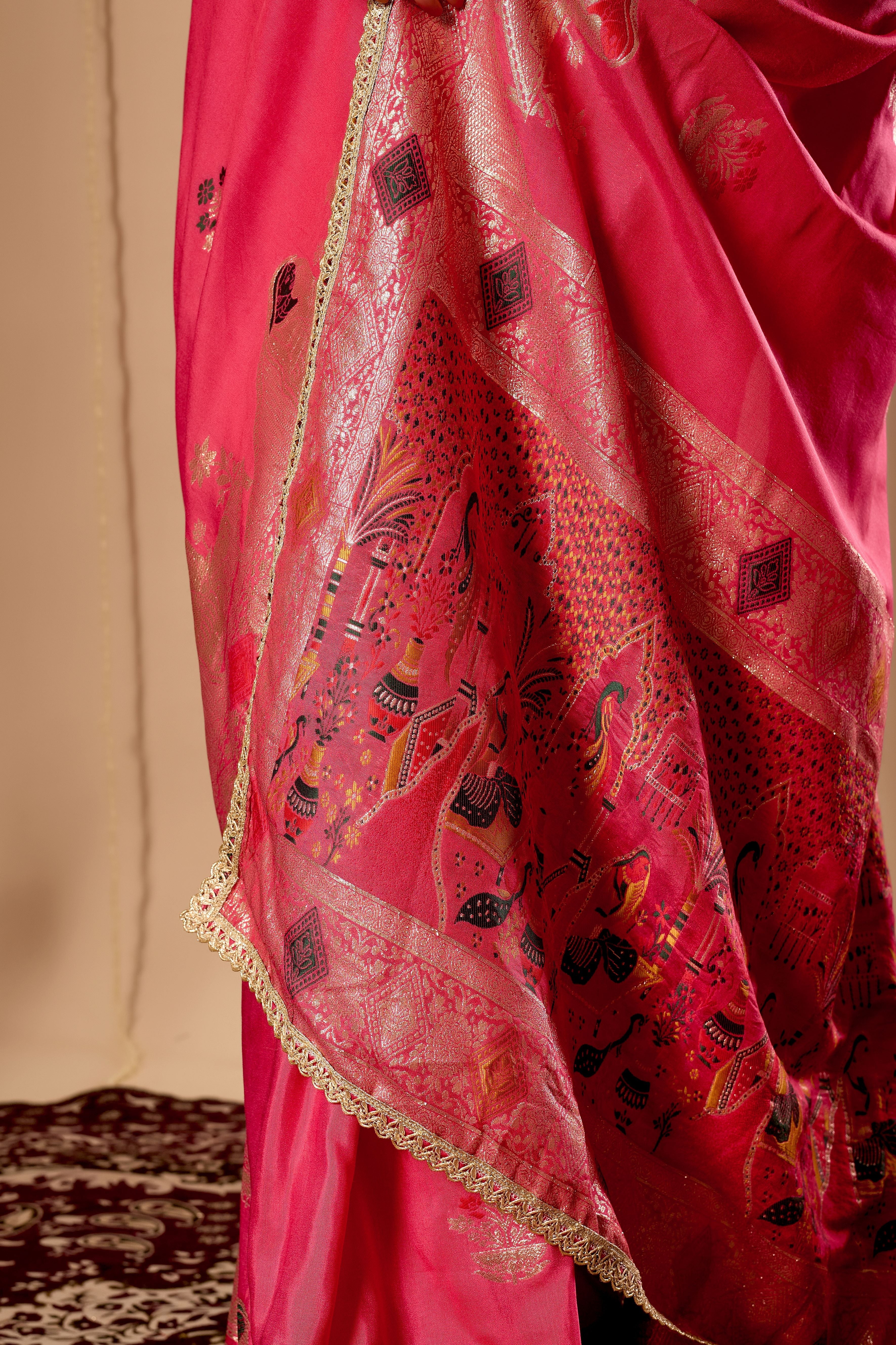 Radiant Rose Pink Satin Silk by Icultuer with Antique Gold Zari Motifs and Ornate Traditional Pallu
