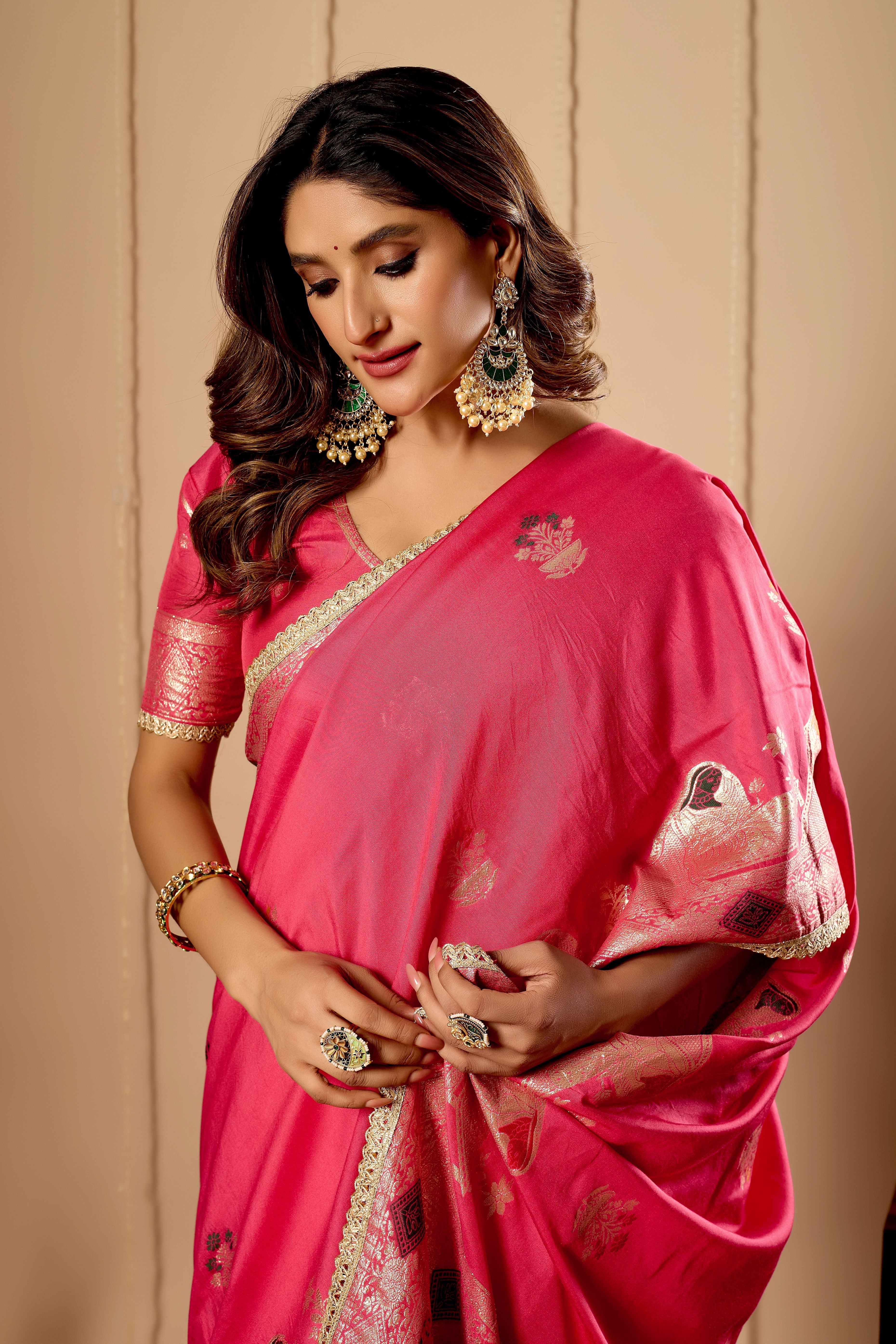 Radiant Rose Pink Satin Silk by Icultuer with Antique Gold Zari Motifs and Ornate Traditional Pallu