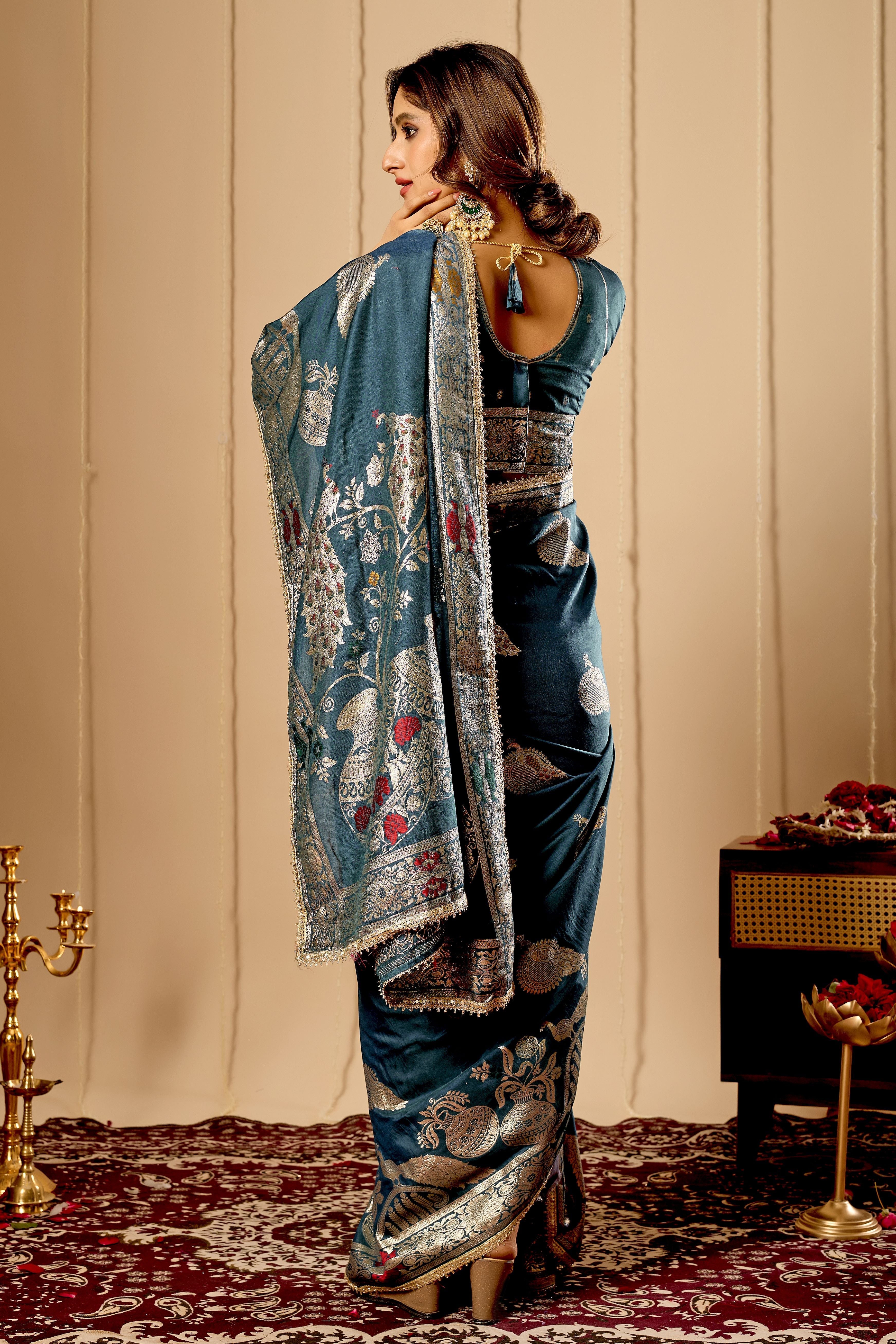 Elegant Teal Blue  Satin  Silk by Icultuer with Silver Zari Motifs and Richly Woven Traditional Pallu